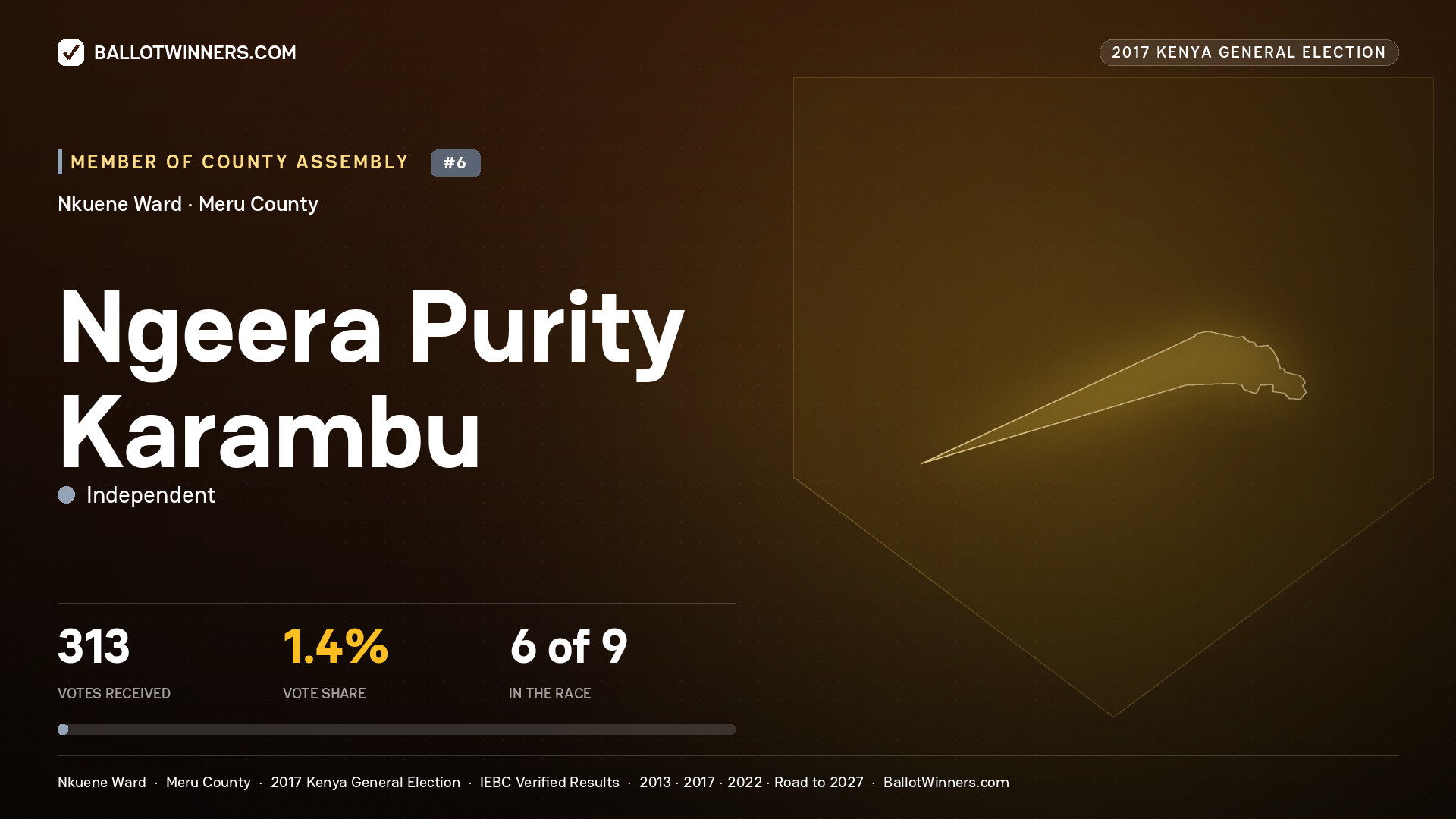NGEERA PURITY KARAMBU, INDEPENDENT, contested Member of County Assembly for NKUENE, 313 votes, 2017 Kenya general election.