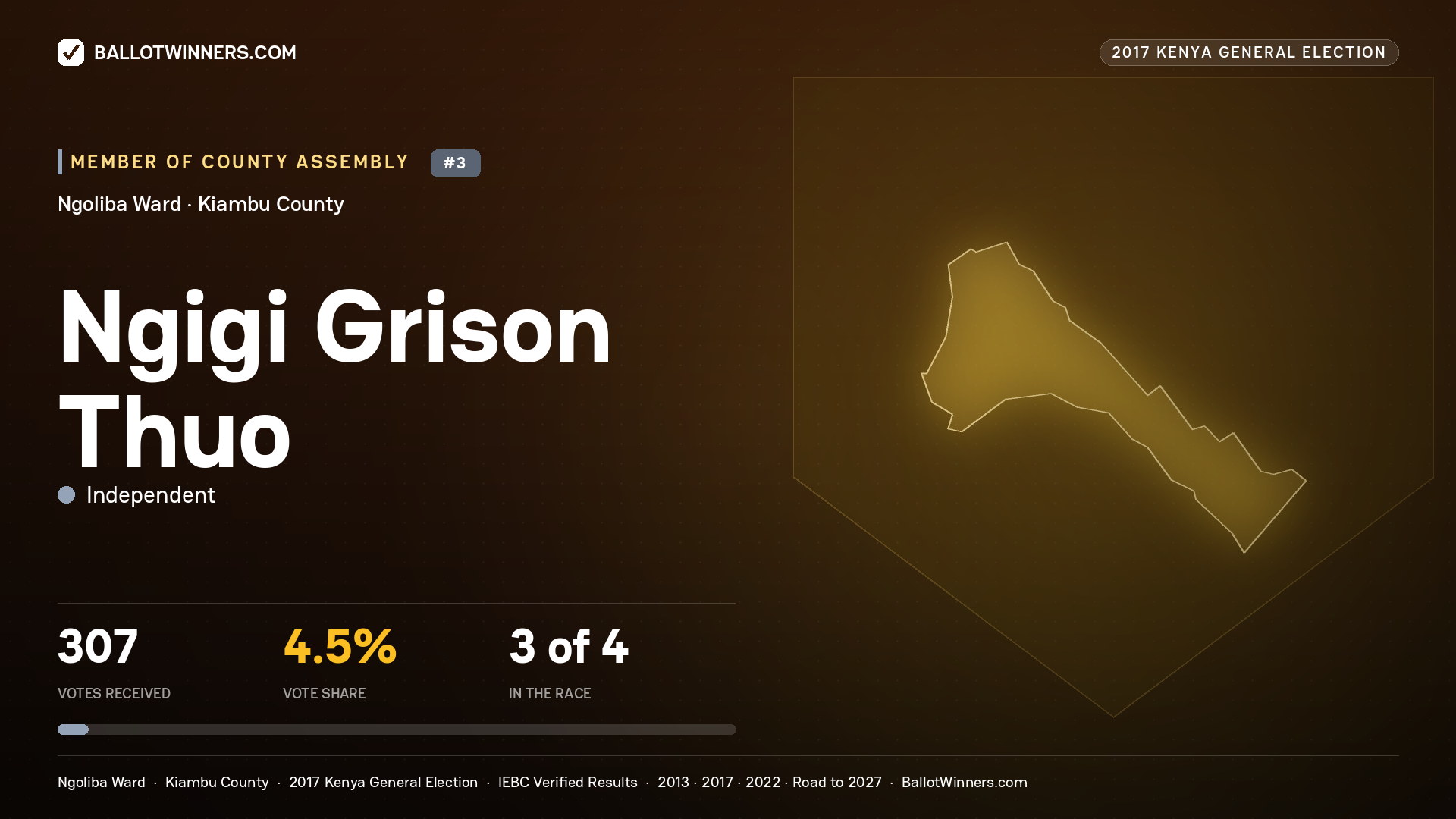 NGIGI GRISON THUO, INDEPENDENT, contested Member of County Assembly for NGOLIBA, 307 votes, 2017 Kenya general election.