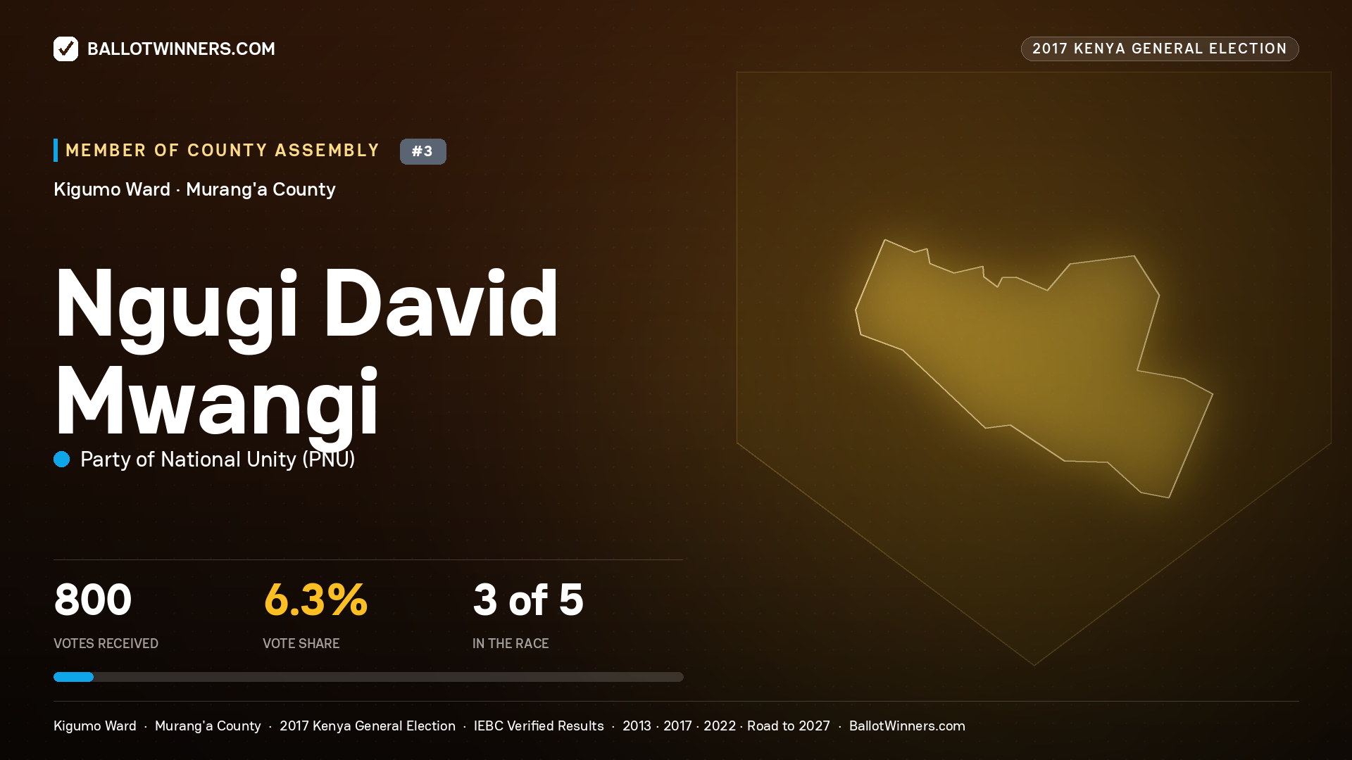 NGUGI DAVID MWANGI, PARTY OF NATIONAL UNITY, contested Member of County Assembly for KIGUMO, 800 votes, 2017 Kenya general election.