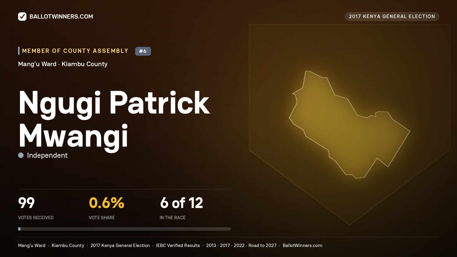 NGUGI PATRICK MWANGI, INDEPENDENT, contested Member of County Assembly for MANG'U, 99 votes, 2017 Kenya general election.