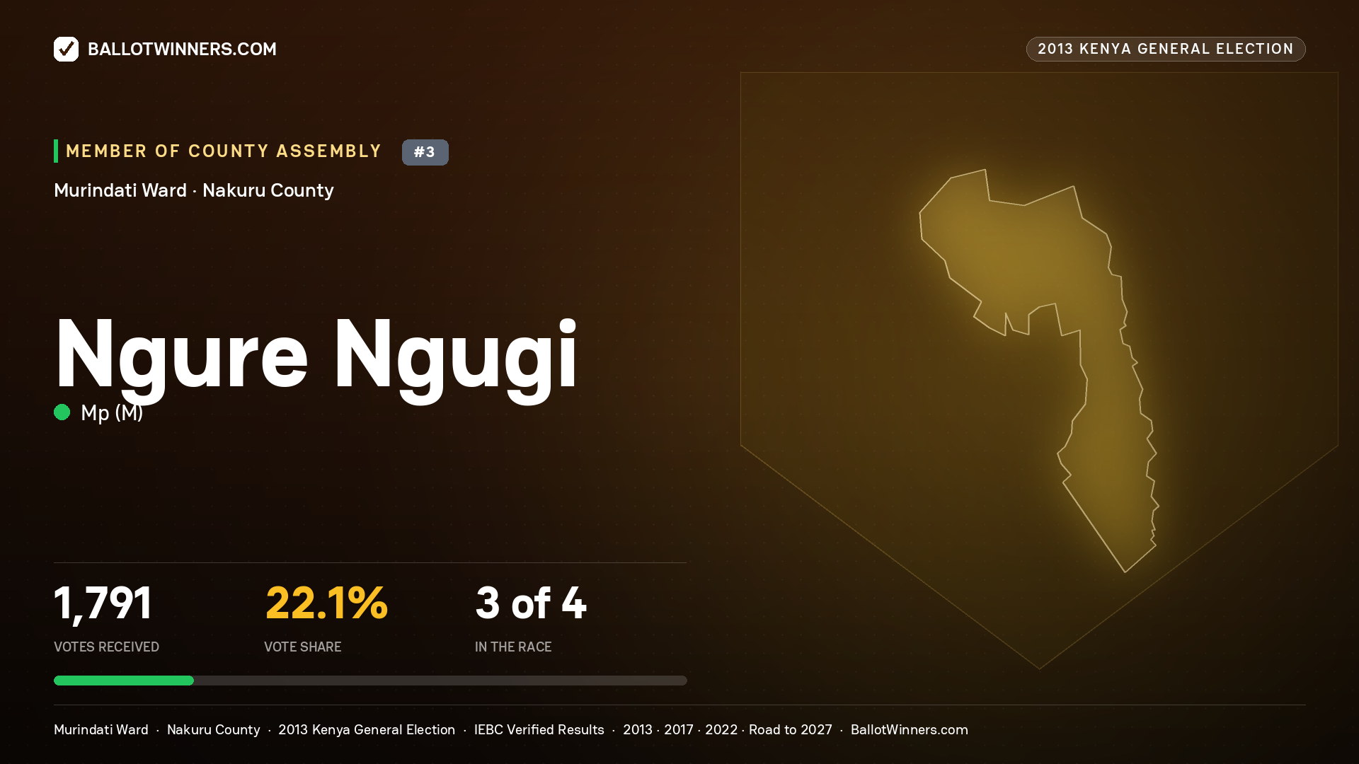 NGURE NGUGI, contested Member of County Assembly for MURINDATI, 1,791 votes, 2013 Kenya general election.
