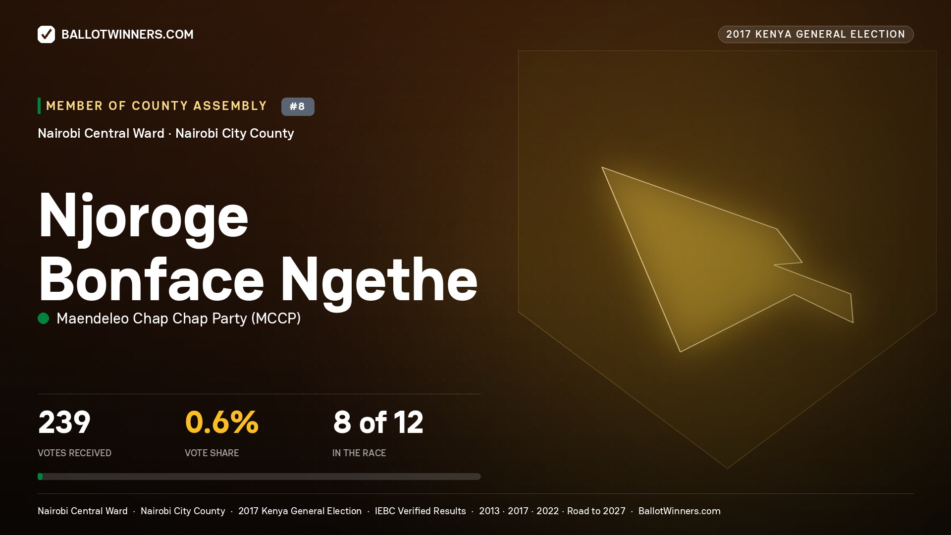 NJOROGE BONFACE NGETHE, MAENDELEO CHAP CHAP PARTY, contested Member of County Assembly for NAIROBI CENTRAL, 239 votes, 2017 Kenya general election.