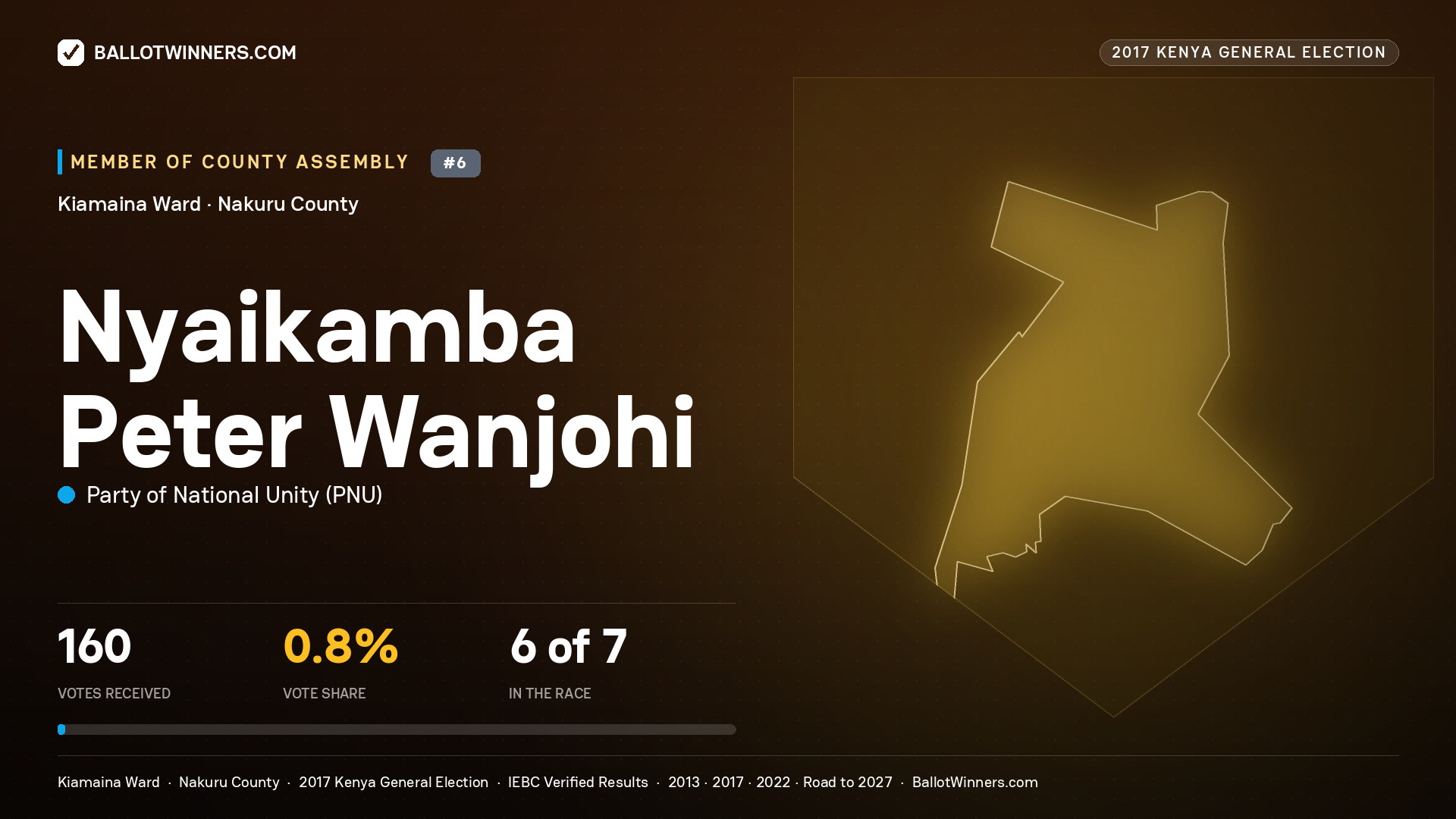 NYAIKAMBA PETER WANJOHI, PARTY OF NATIONAL UNITY, contested Member of County Assembly for KIAMAINA, 160 votes, 2017 Kenya general election.
