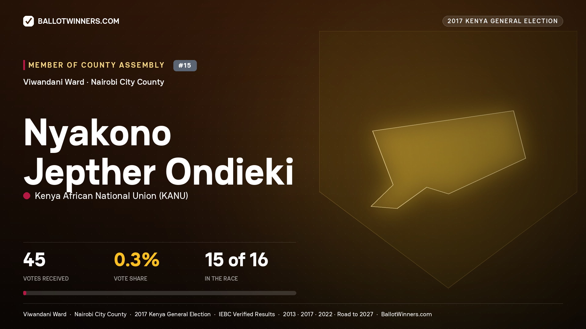 NYAKONO JEPTHER ONDIEKI, KENYA AFRICAN NATIONAL UNION, contested Member of County Assembly for VIWANDANI, 45 votes, 2017 Kenya general election.
