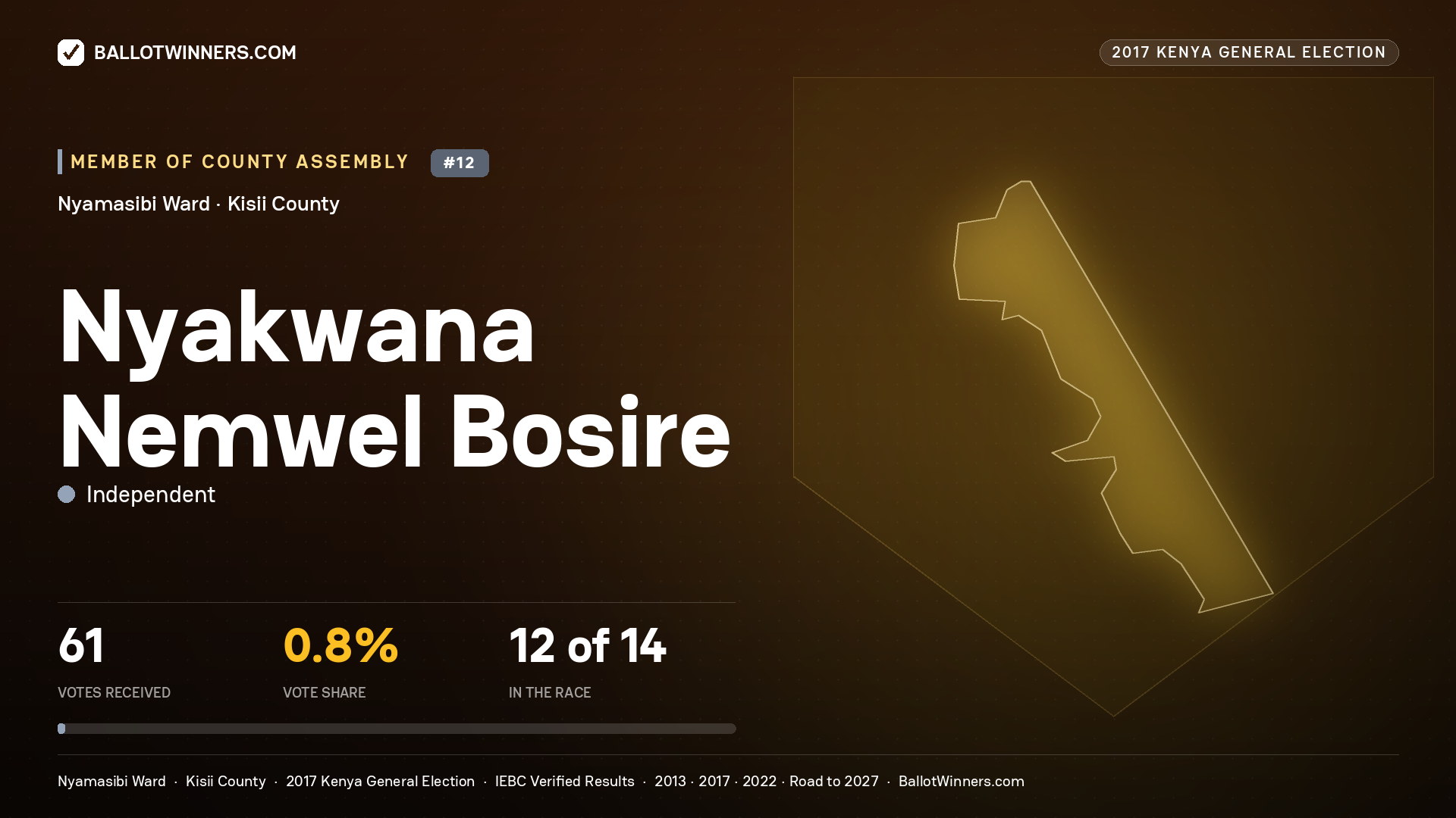 NYAKWANA NEMWEL BOSIRE, INDEPENDENT, contested Member of County Assembly for NYAMASIBI, 61 votes, 2017 Kenya general election.