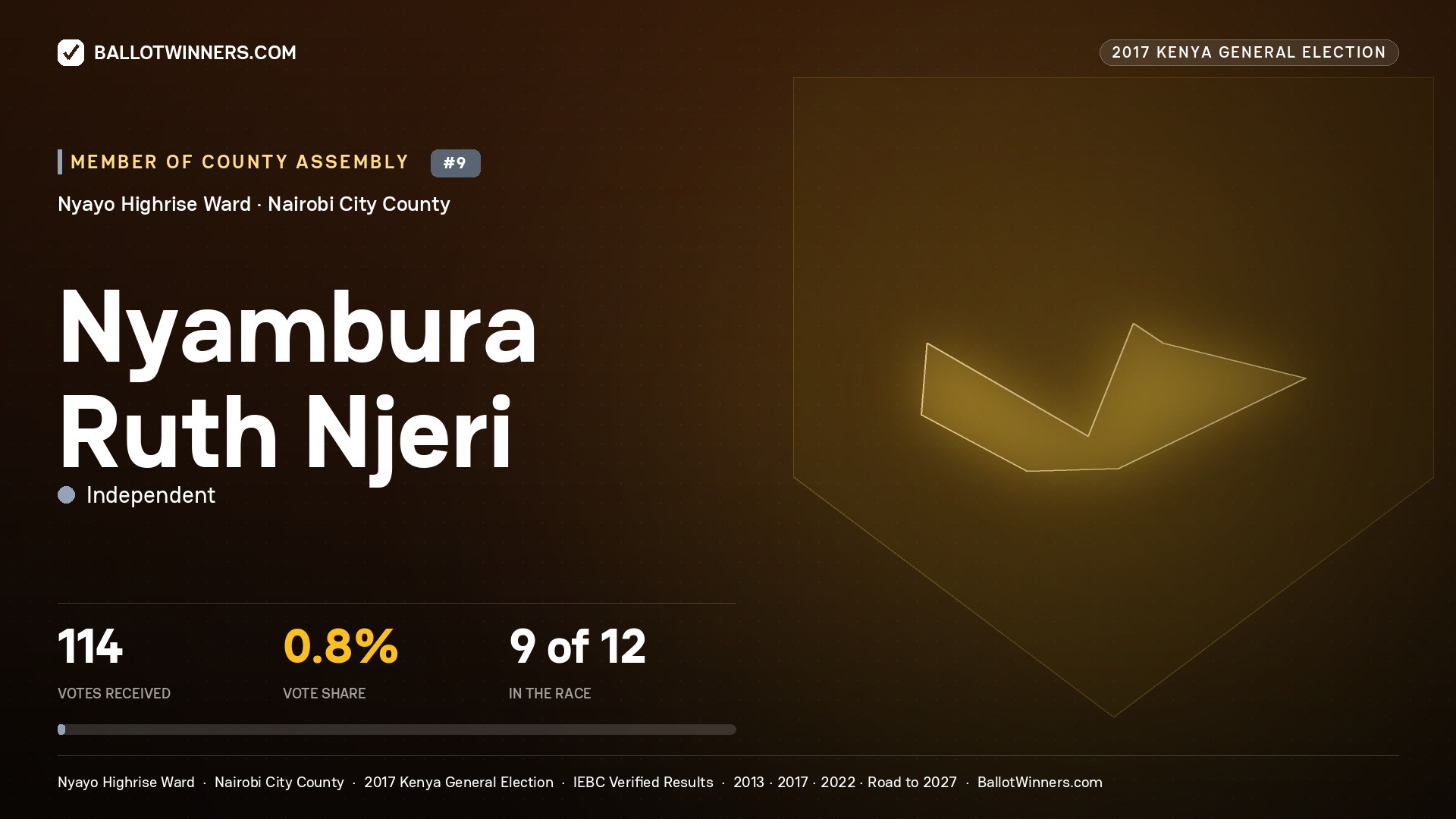 NYAMBURA RUTH NJERI, INDEPENDENT, contested Member of County Assembly for NYAYO HIGHRISE, 114 votes, 2017 Kenya general election.
