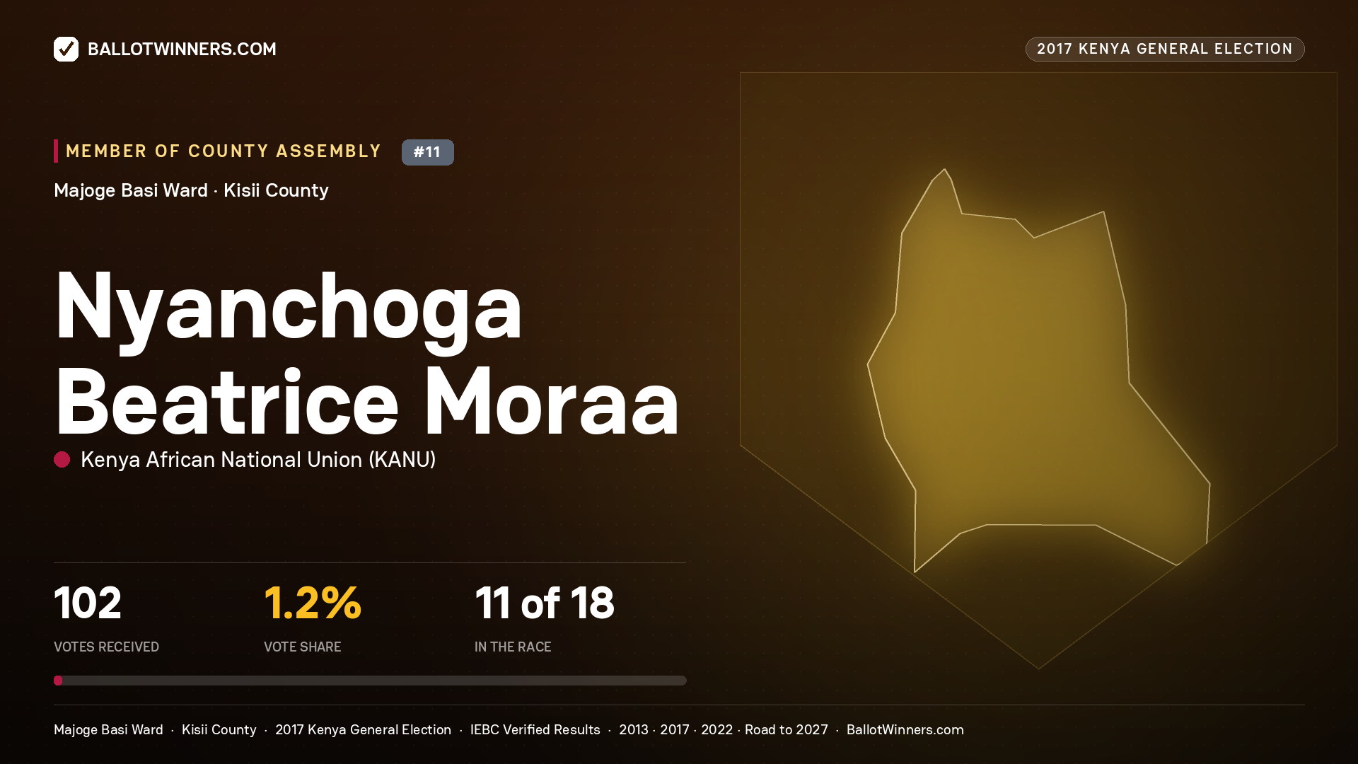 Nyanchoga Beatrice Moraa, KENYA AFRICAN NATIONAL UNION, contested Member of County Assembly for MAJOGE BASI, 102 votes, 2017 Kenya general election.
