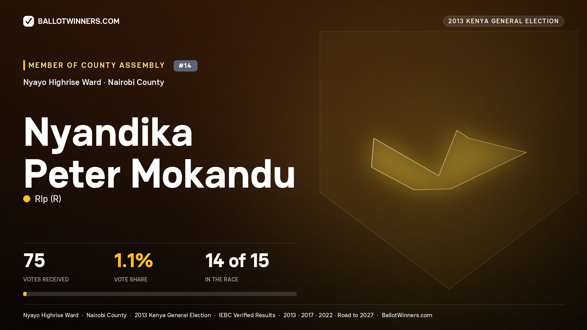 NYANDIKA PETER MOKANDU, contested Member of County Assembly for NYAYO HIGHRISE, 75 votes, 2013 Kenya general election.