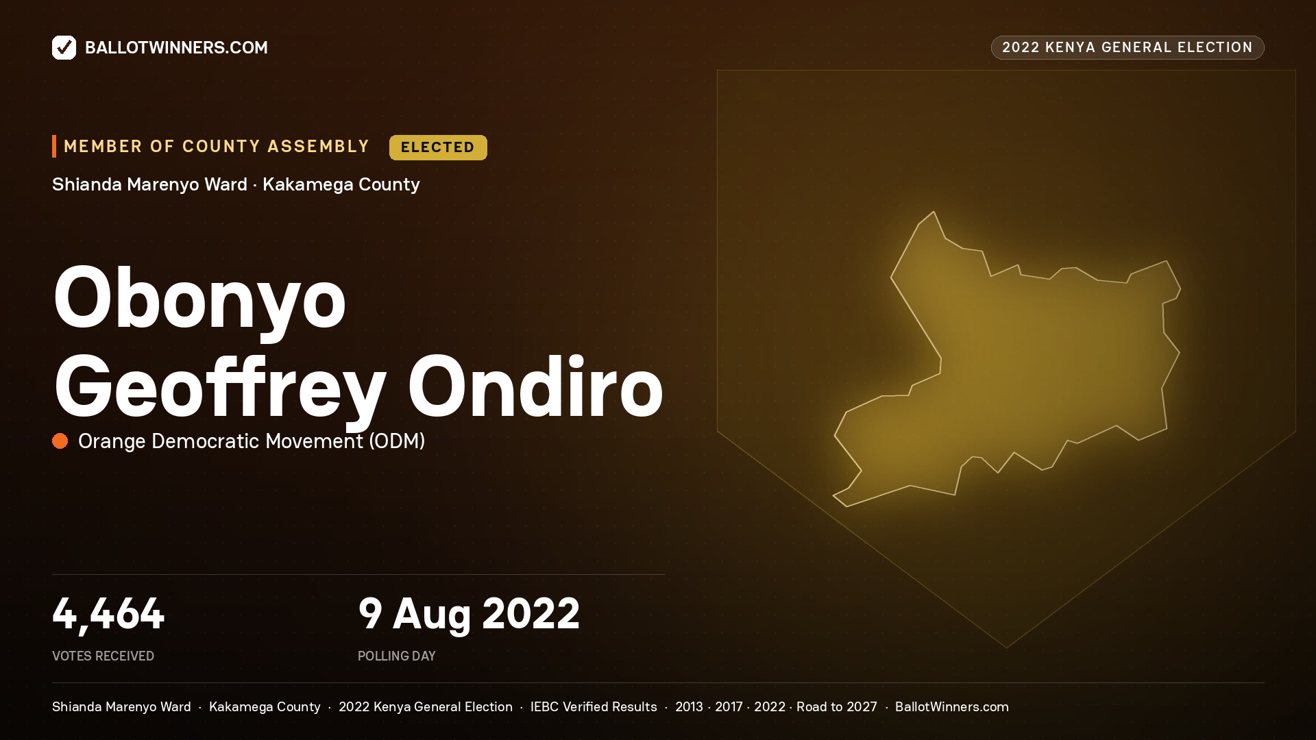 Obonyo Geoffrey Ondiro, Orange Democratic Movement, elected Member of County Assembly for Shianda Marenyo, 4,464 votes, 2022 Kenya general election.