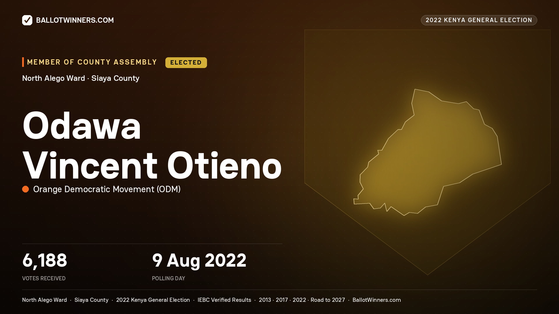 Odawa Vincent Otieno, Orange Democratic Movement, elected Member of County Assembly for North Alego, 6,188 votes, 2022 Kenya general election.