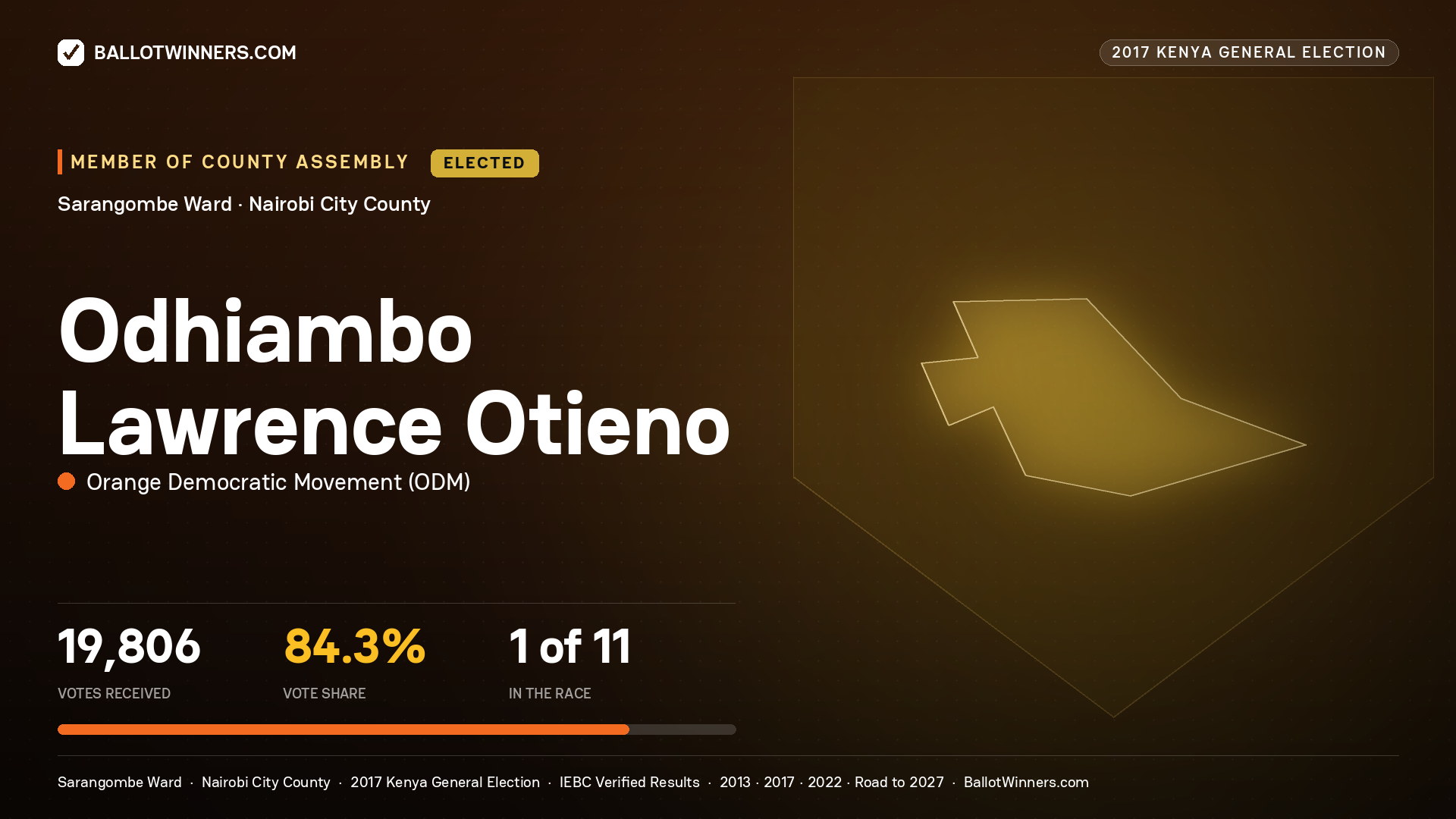 ODHIAMBO LAWRENCE OTIENO, ORANGE DEMOCRATIC MOVEMENT, elected Member of County Assembly for SARANGOMBE, 19,806 votes, 2017 Kenya general election.