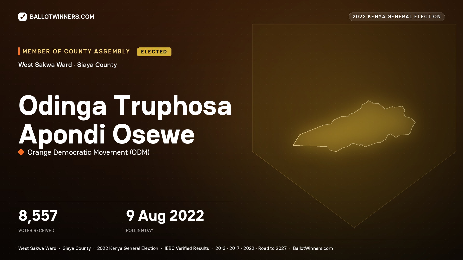 Odinga Truphosa Apondi Osewe, Orange Democratic Movement, elected Member of County Assembly for West Sakwa, 8,557 votes, 2022 Kenya general election.