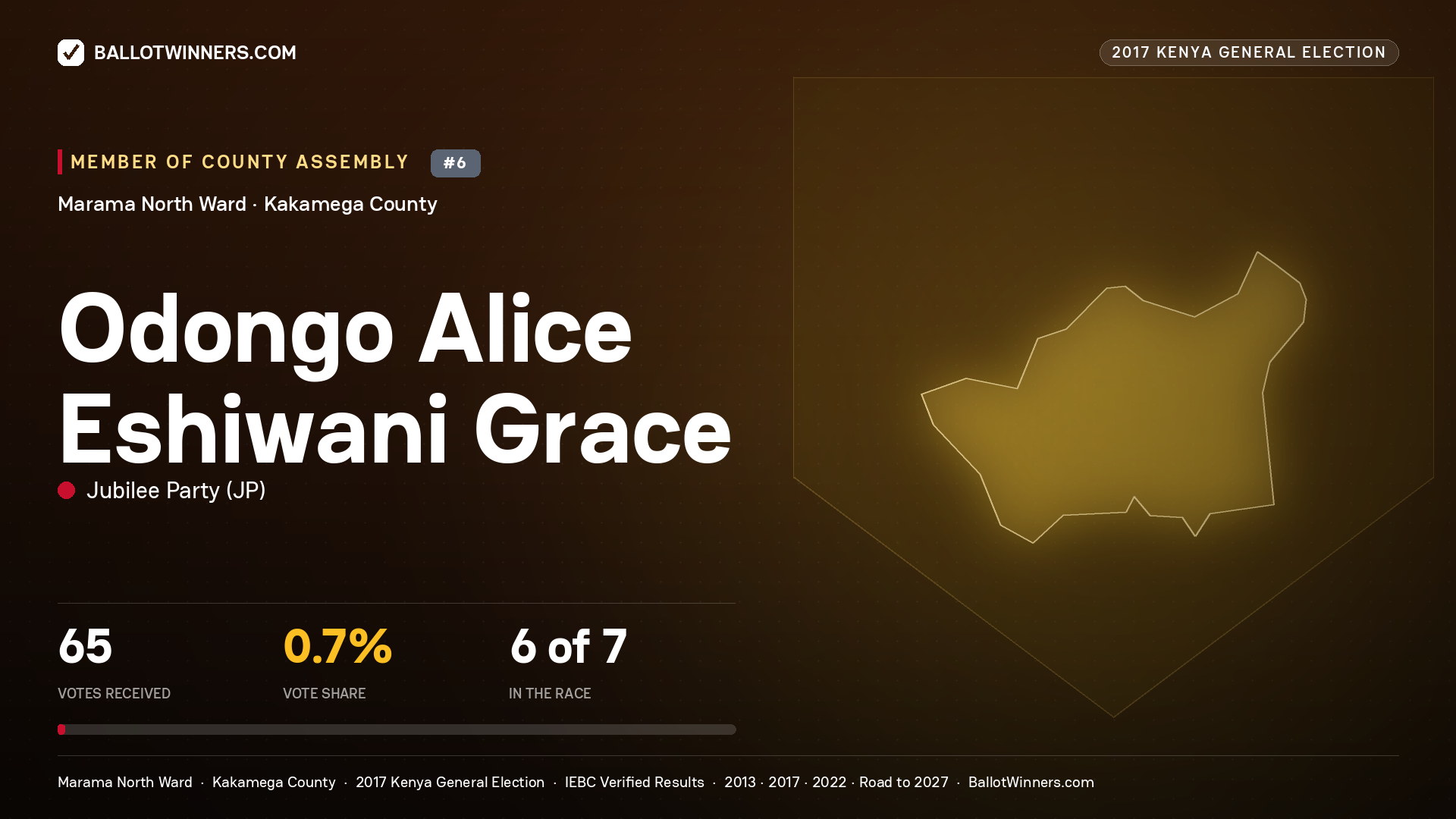 ODONGO ALICE  ESHIWANI GRACE, JUBILEE PARTY, contested Member of County Assembly for MARAMA NORTH, 65 votes, 2017 Kenya general election.
