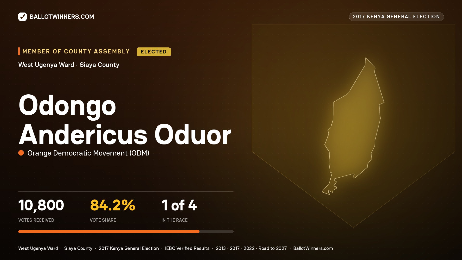 Odongo Andericus Oduor, ORANGE DEMOCRATIC MOVEMENT, elected Member of County Assembly for WEST UGENYA, 10,800 votes, 2017 Kenya general election.