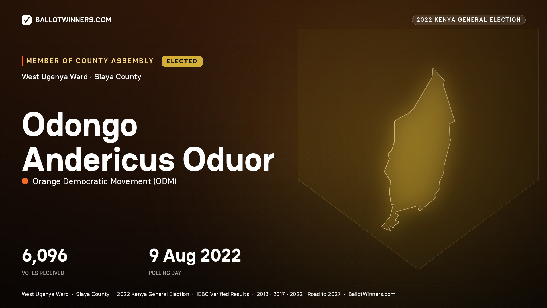 Odongo Andericus Oduor, Orange Democratic
Movement, elected Member of County Assembly for West Ugenya, 6,096 votes, 2022 Kenya general election.