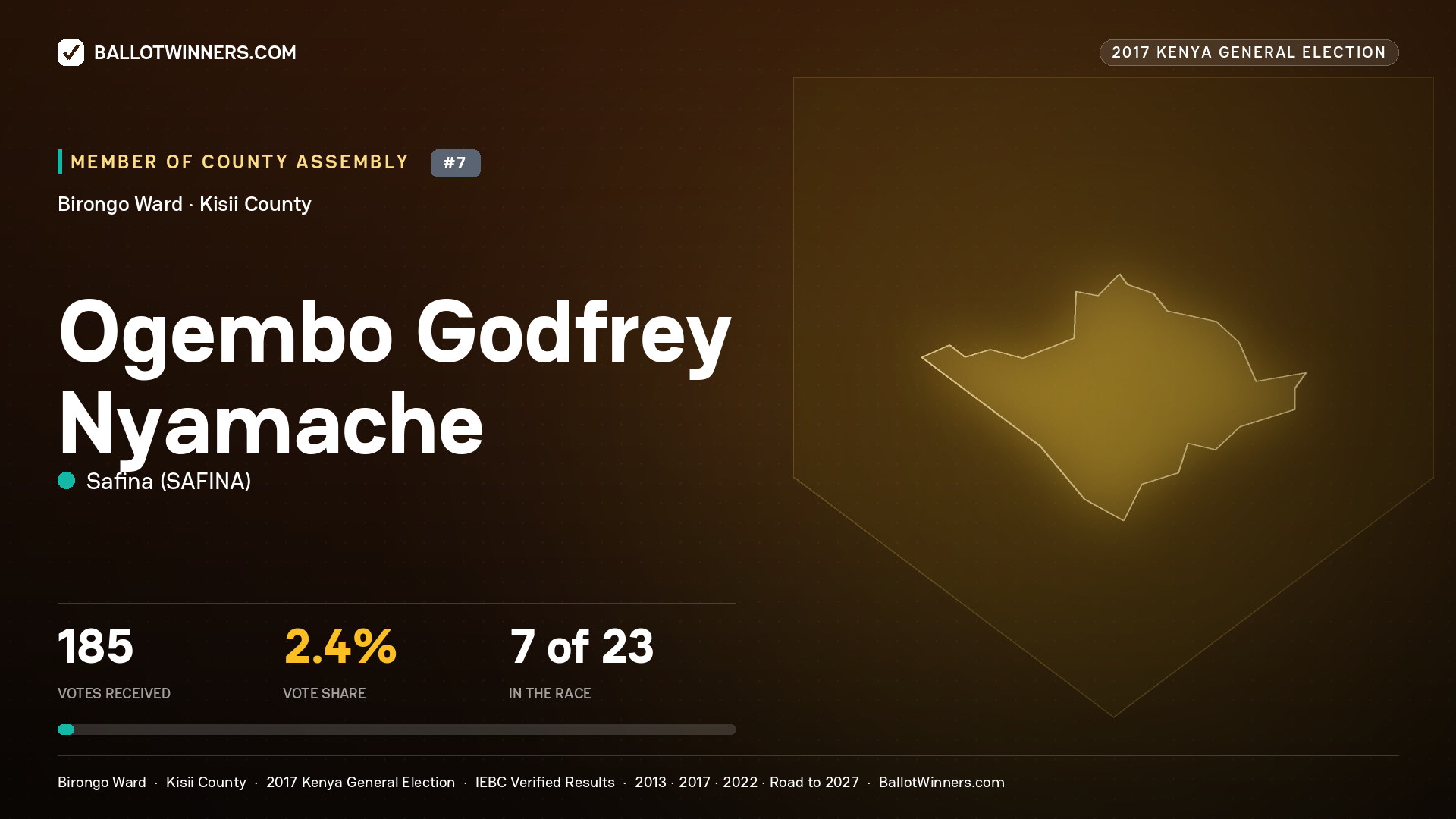 OGEMBO GODFREY NYAMACHE, SAFINA, contested Member of County Assembly for BIRONGO, 185 votes, 2017 Kenya general election.