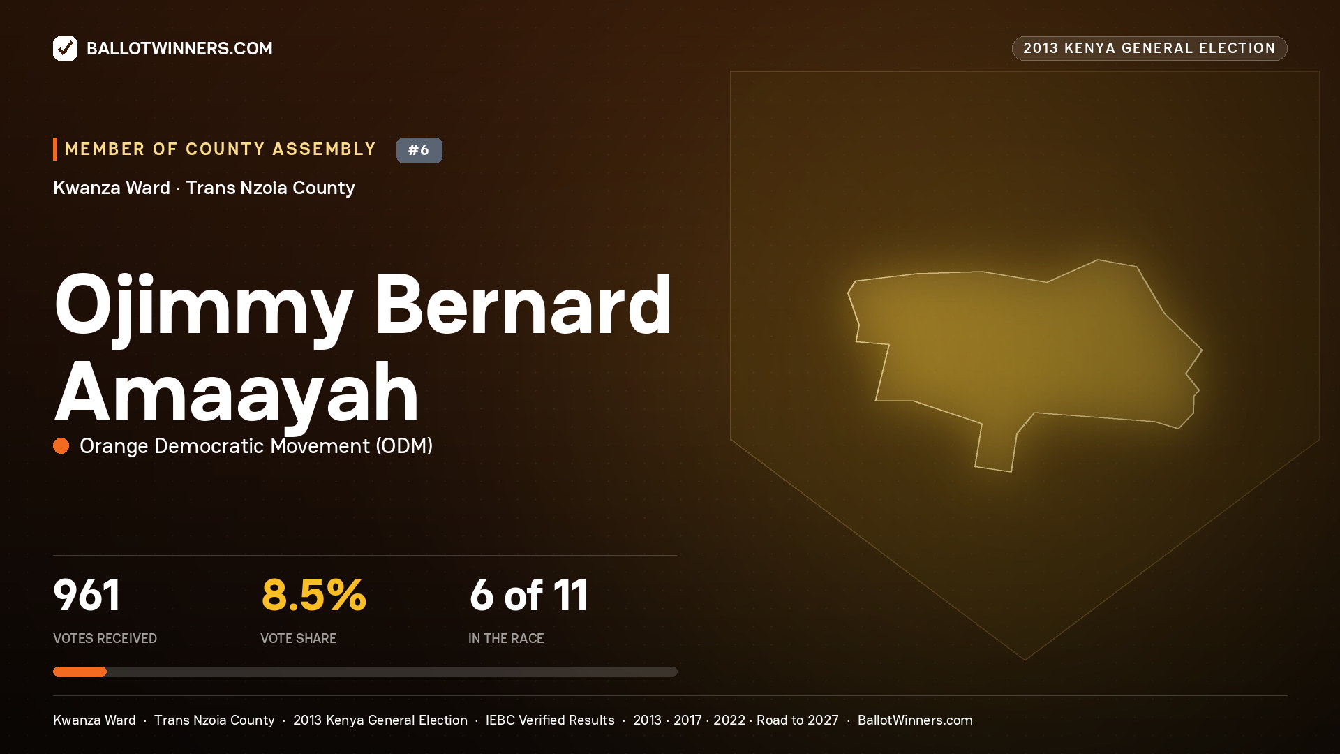 OJIMMY BERNARD AMAAYAH, contested Member of County Assembly for KWANZA, 961 votes, 2013 Kenya general election.