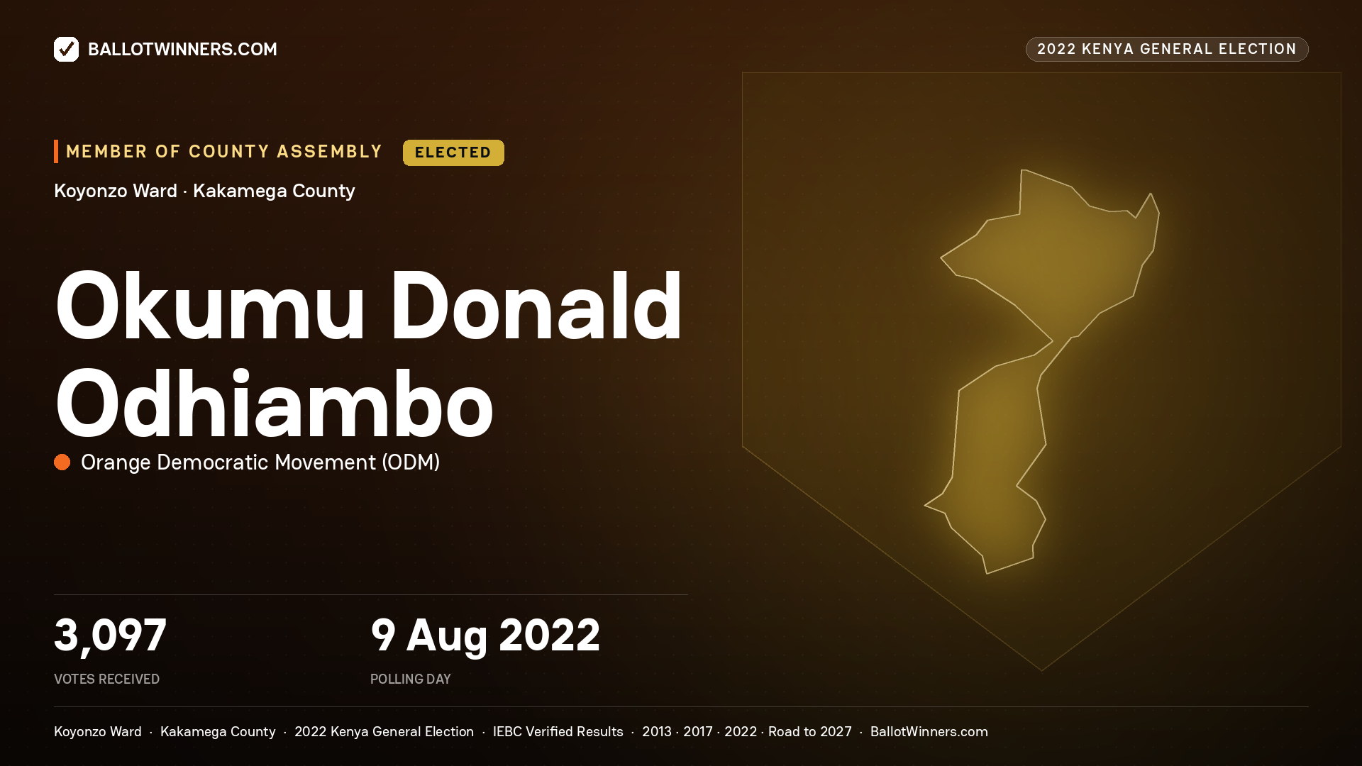 Okumu Donald Odhiambo, Orange Democratic Movement, elected Member of County Assembly for Koyonzo, 3,097 votes, 2022 Kenya general election.