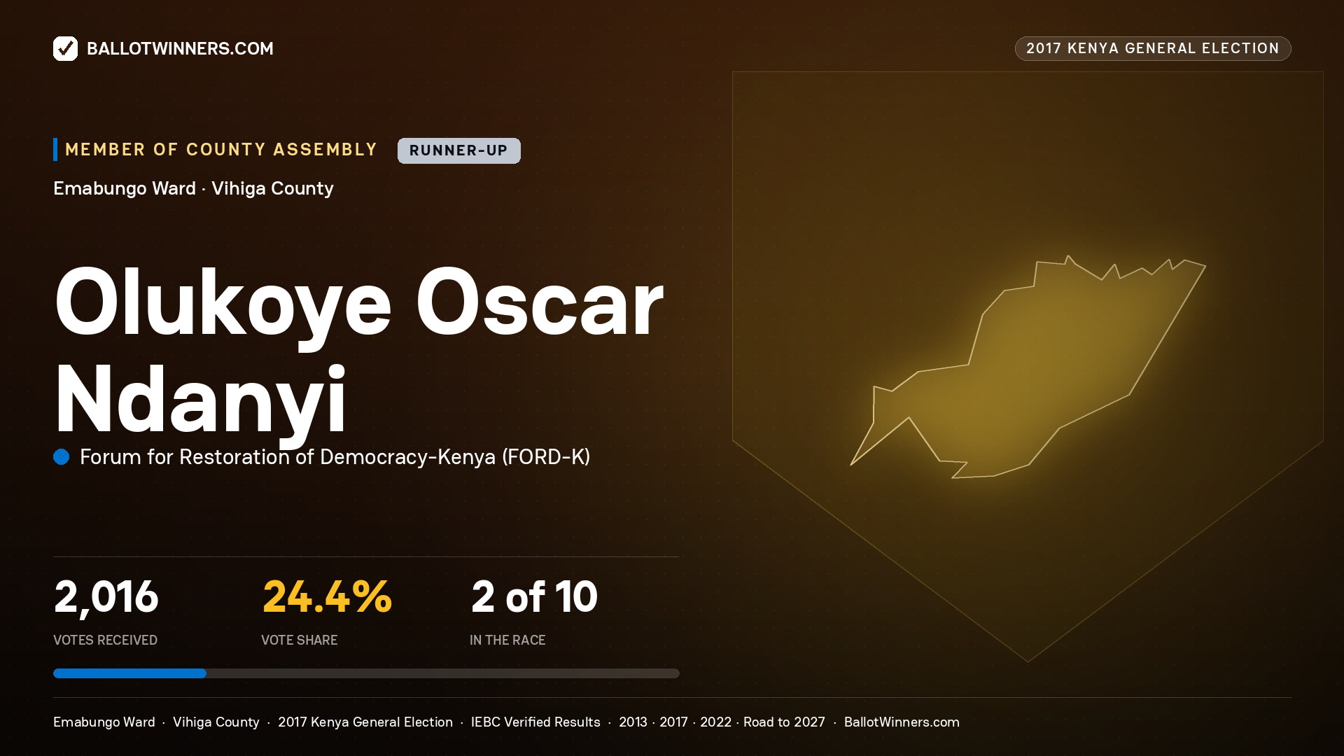 OLUKOYE OSCAR NDANYI, FORUM FOR RESTORATION OF DEMOCRACY-KENYA, contested Member of County Assembly for EMABUNGO, 2,016 votes, 2017 Kenya general election.