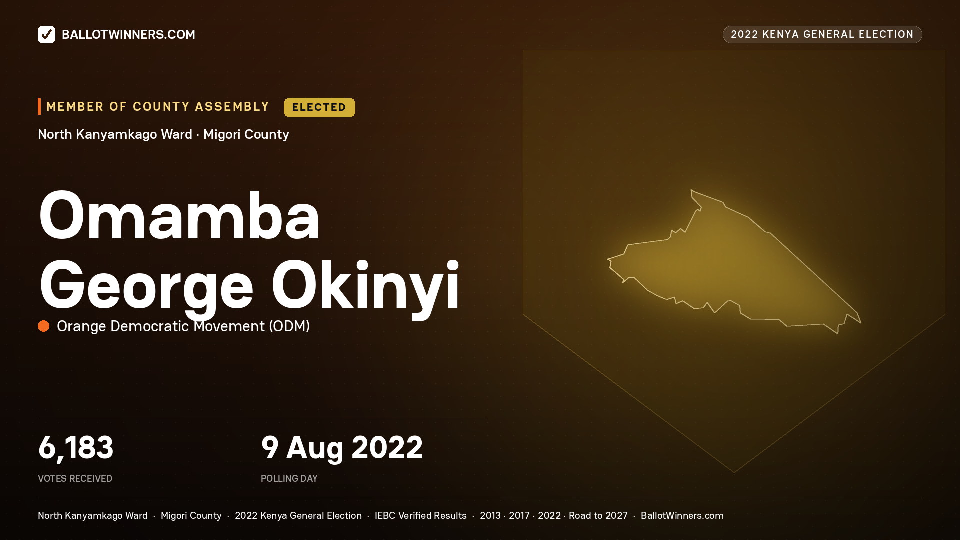 Omamba George Okinyi, Orange Democratic
Movement, elected Member of County Assembly for North
Kanyamkago, 6,183 votes, 2022 Kenya general election.