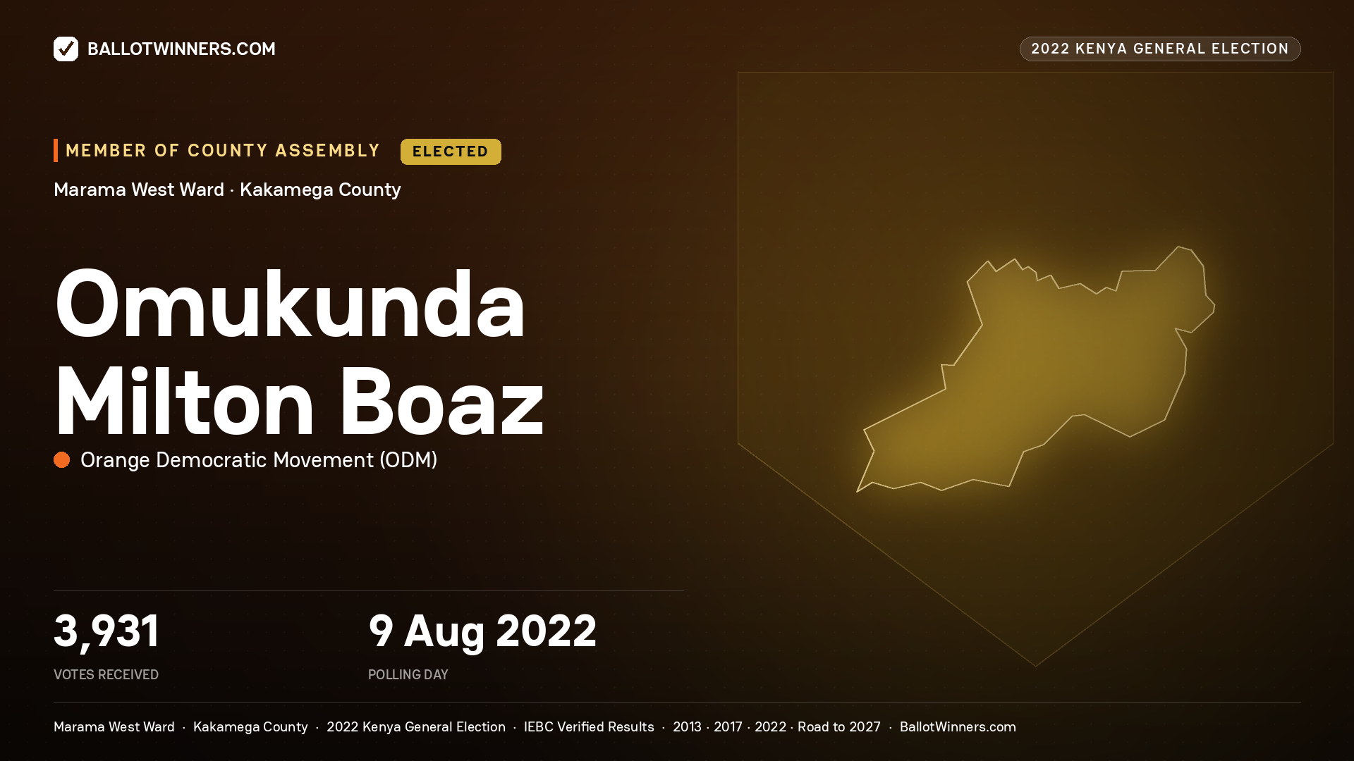 Omukunda Milton Boaz, Orange Democratic Movement, elected Member of County Assembly for Marama West, 3,931 votes, 2022 Kenya general election.