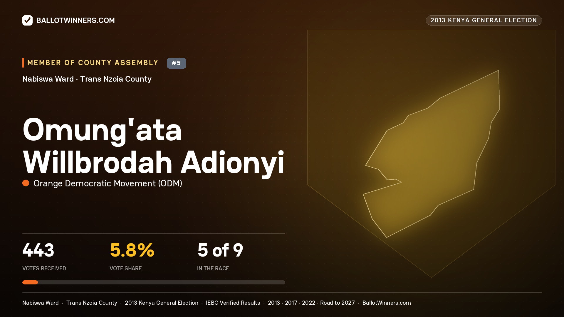 OMUNG'ATA WILLBRODAH ADIONYI, contested Member of County Assembly for NABISWA, 443 votes, 2013 Kenya general election.