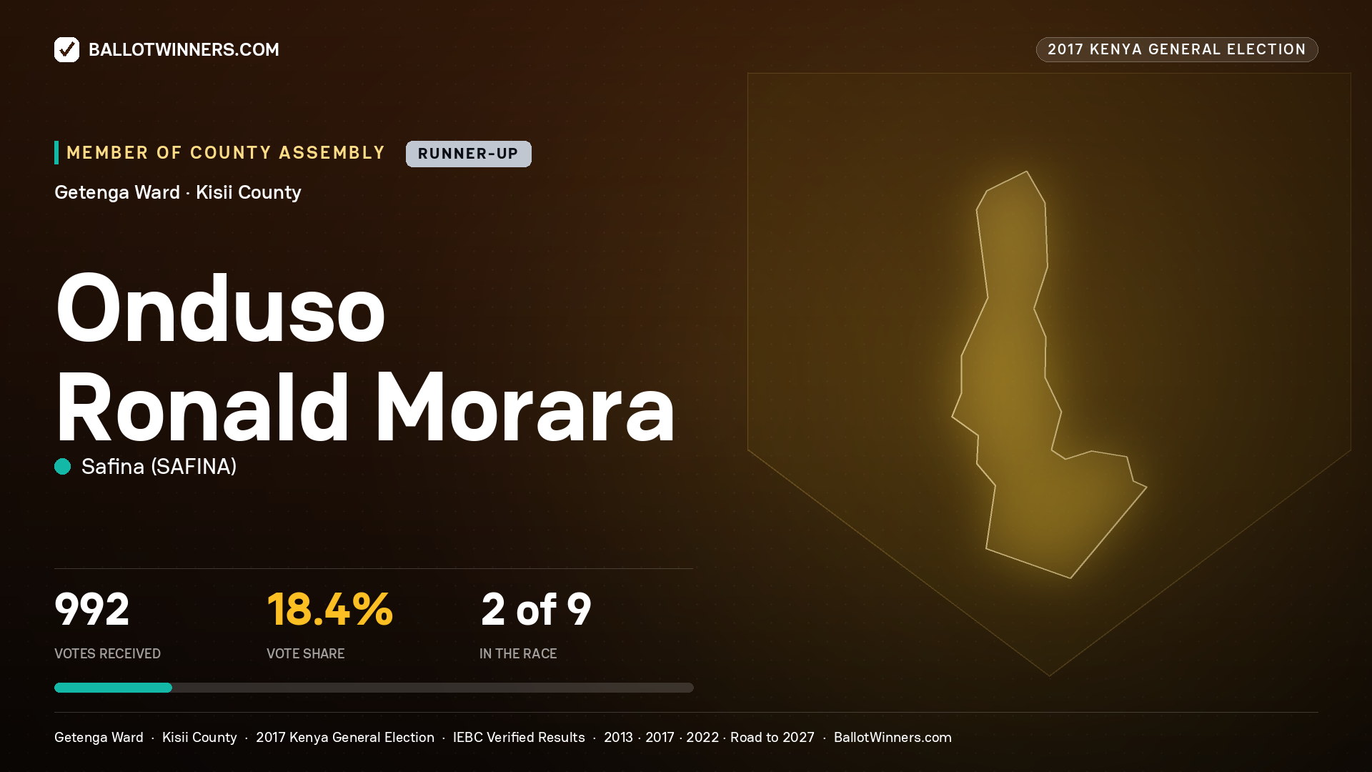 ONDUSO RONALD MORARA, SAFINA, contested Member of County Assembly for GETENGA, 992 votes, 2017 Kenya general election.