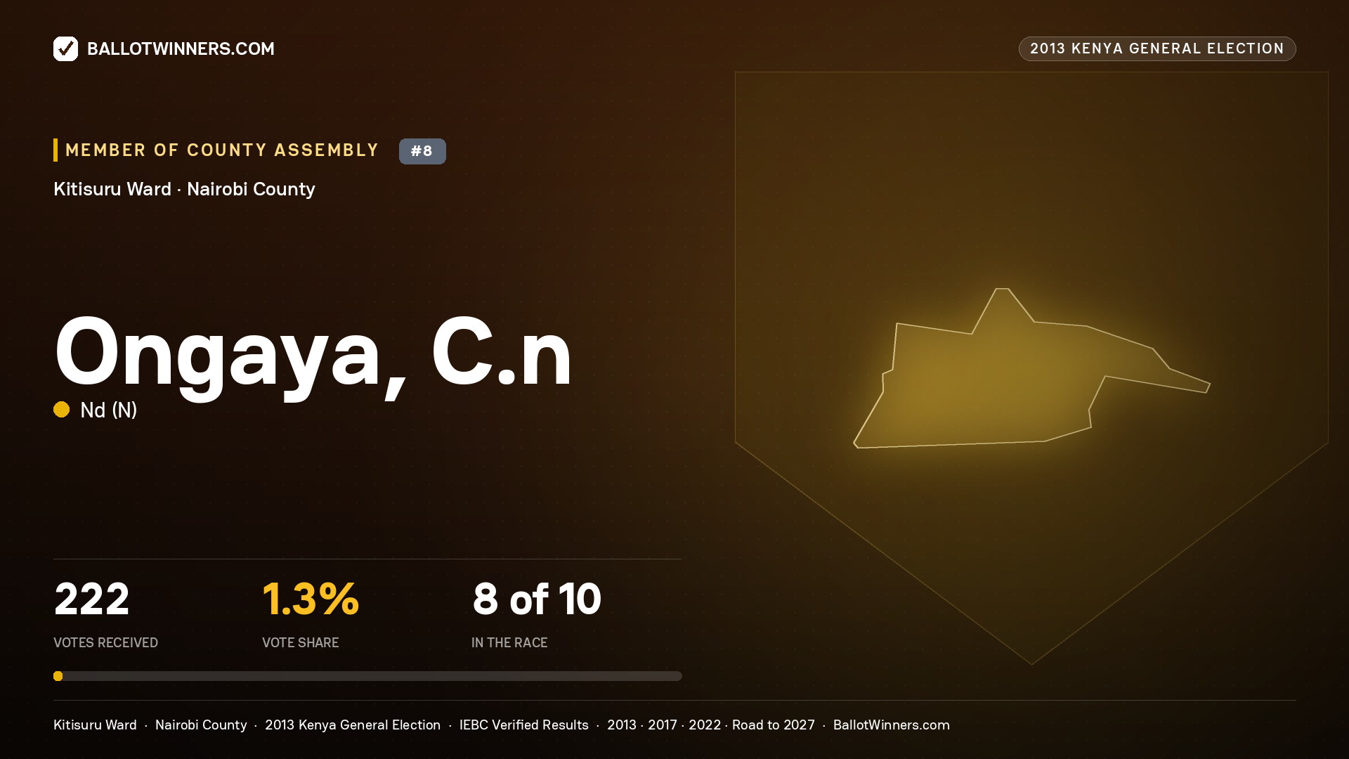 ONGAYA, C.N., contested Member of County Assembly for KITISURU, 222 votes, 2013 Kenya general election.