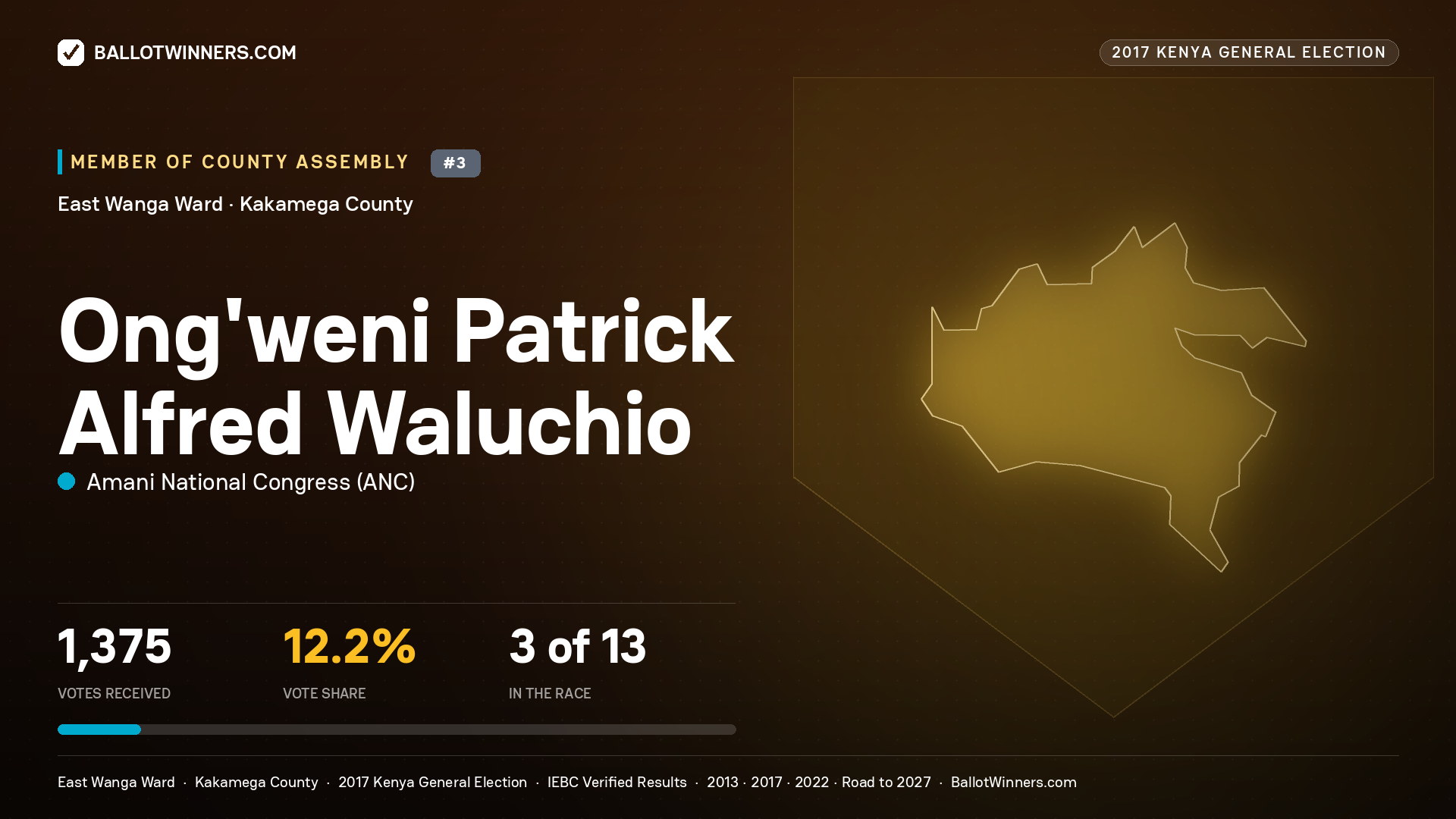 ONG'WENI PATRICK ALFRED WALUCHIO, AMANI NATIONAL CONGRESS, contested Member of County Assembly for EAST WANGA, 1,375 votes, 2017 Kenya general election.