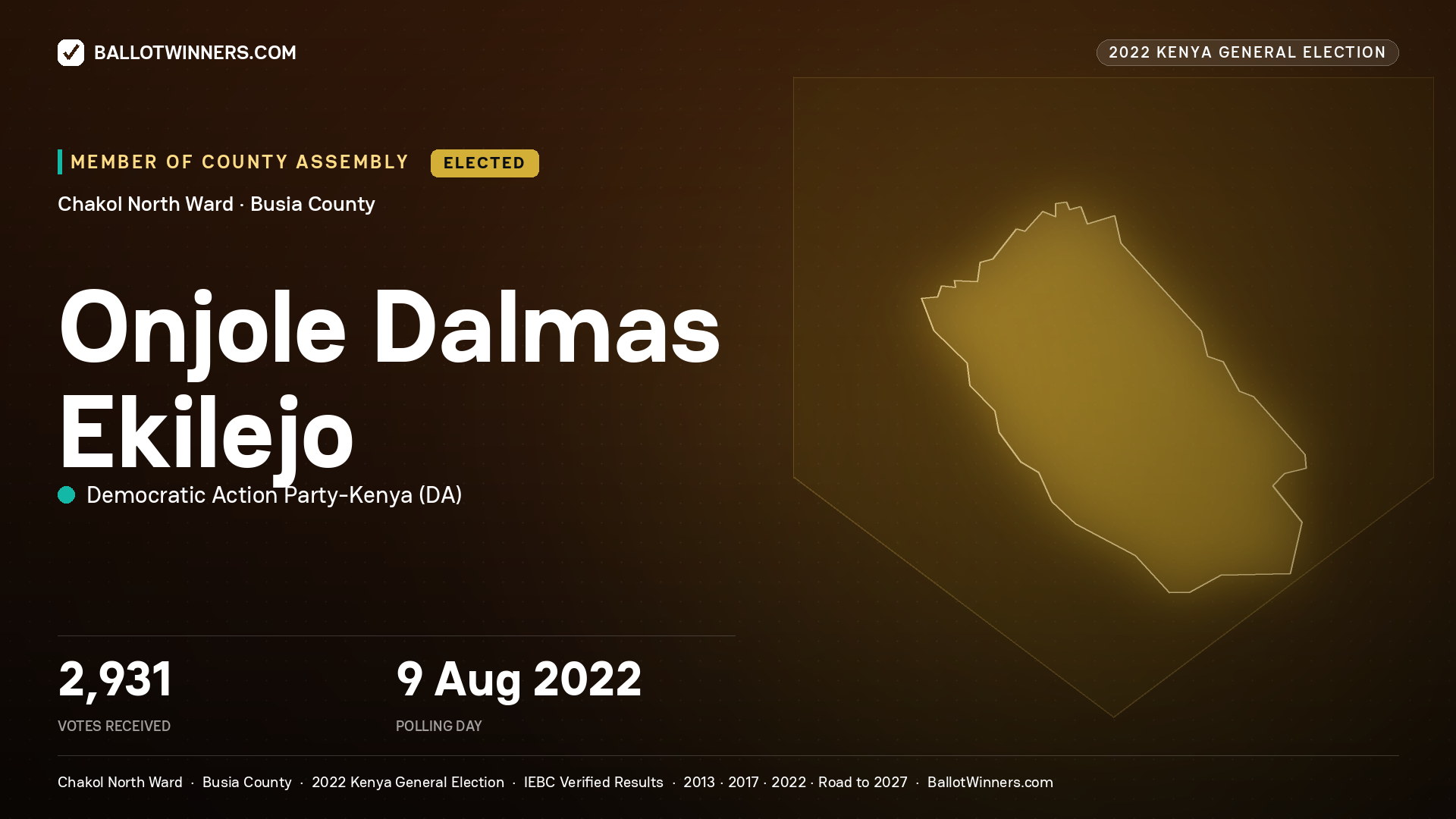 Onjole Dalmas Ekilejo, Democratic Action Party- Kenya, elected Member of County Assembly for Chakol North, 2,931 votes, 2022 Kenya general election.