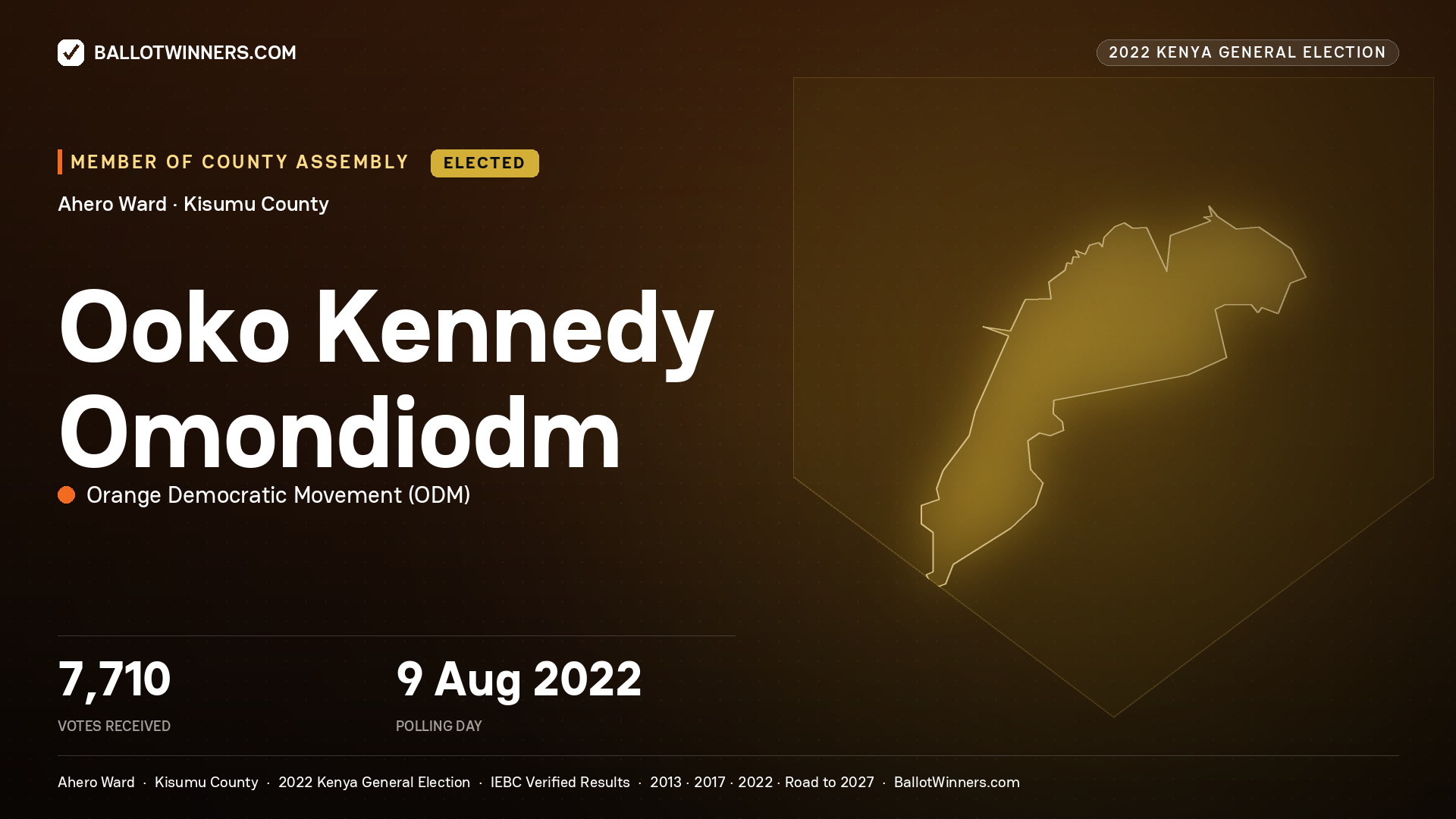 Ooko Kennedy Omondiodm, Orange Democratic Movement, elected Member of County Assembly for Ahero, 7,710 votes, 2022 Kenya general election.