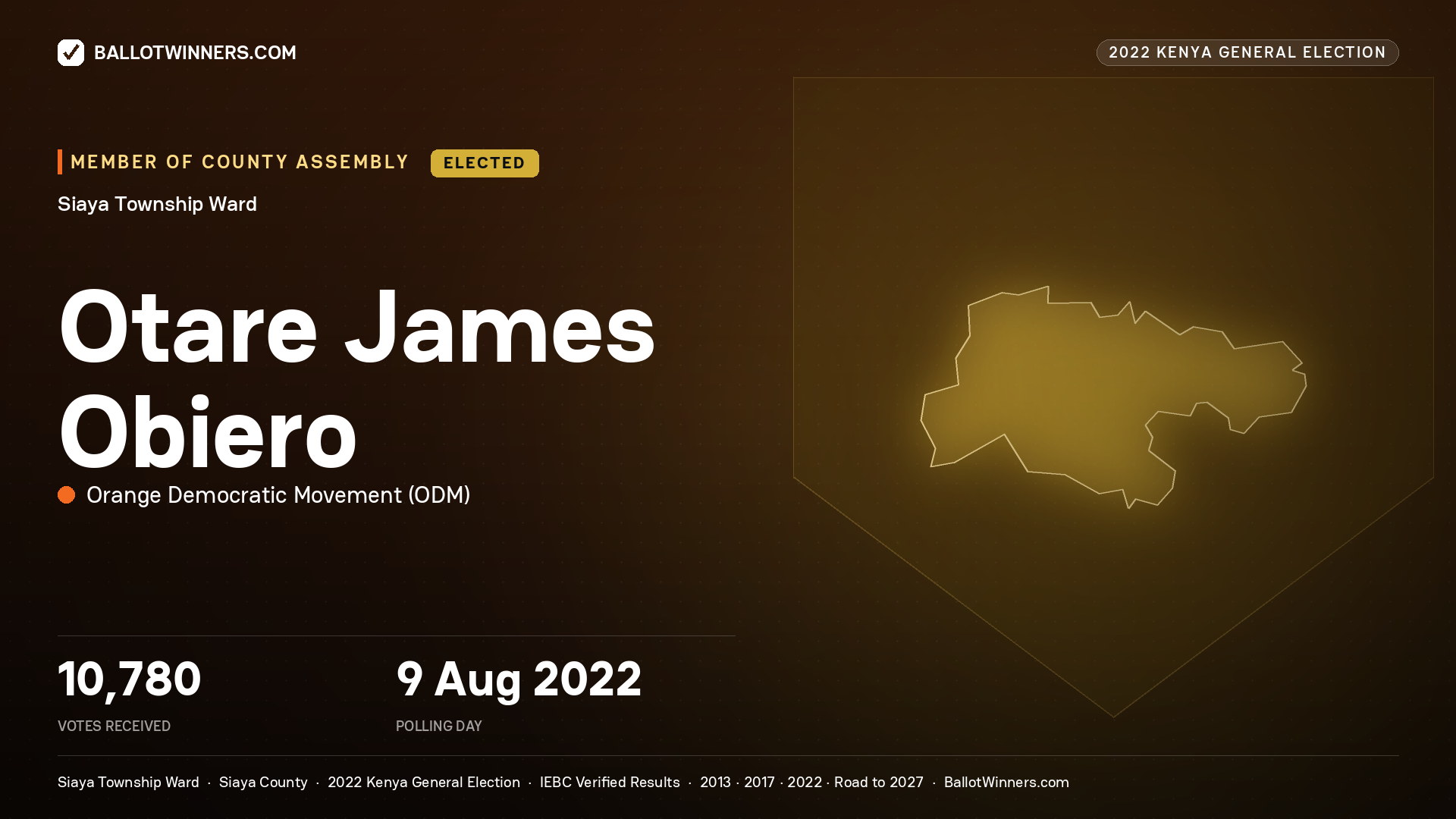 Otare James Obiero, Orange Democratic
Movement, elected Member of County Assembly for Siaya Township, 10,780 votes, 2022 Kenya general election.