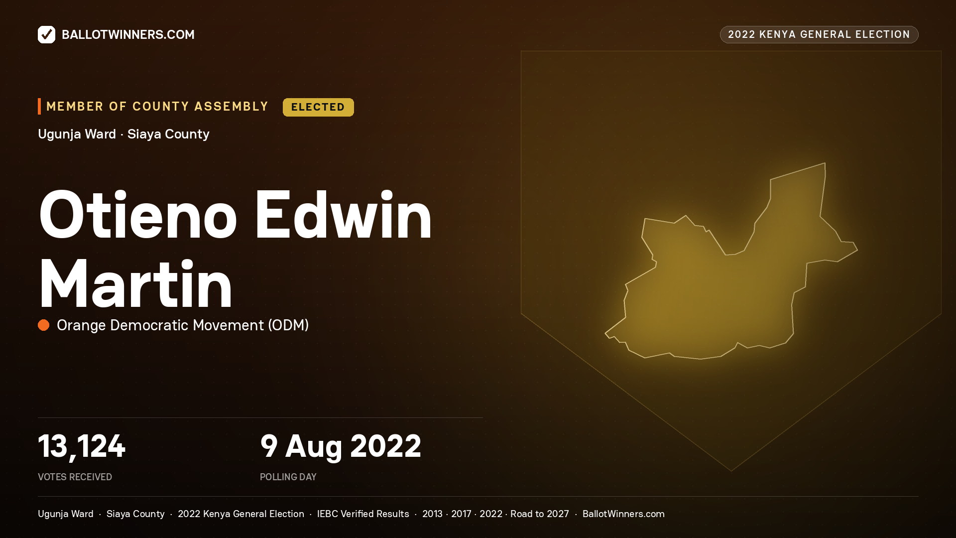 Otieno Edwin Martin, Orange Democratic Movement, elected Member of County Assembly for Ugunja, 13,124 votes, 2022 Kenya general election.