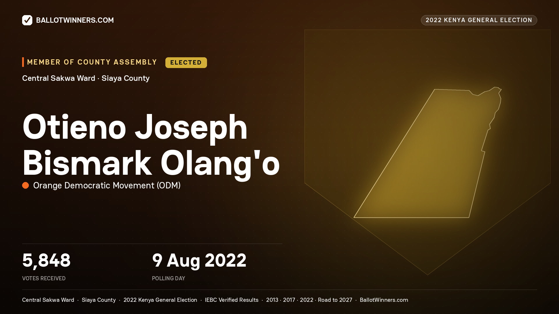 Otieno Joseph  Bismark
Olang’o, Orange Democratic
Movement, elected Member of County Assembly for Central Sakwa, 5,848 votes, 2022 Kenya general election.