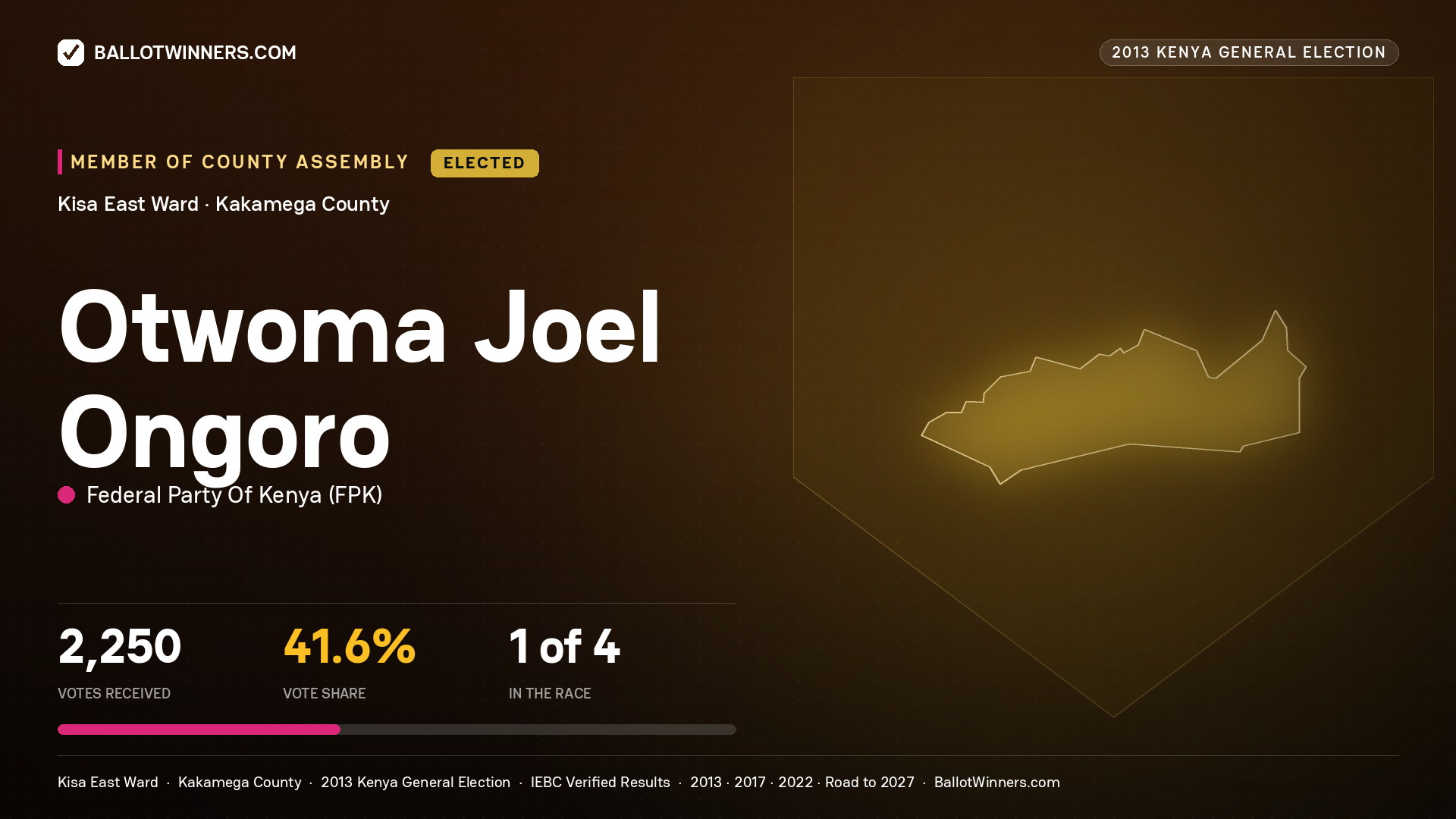 OTWOMA JOEL ONGORO, elected Member of County Assembly for KISA EAST, 2,250 votes, 2013 Kenya general election.