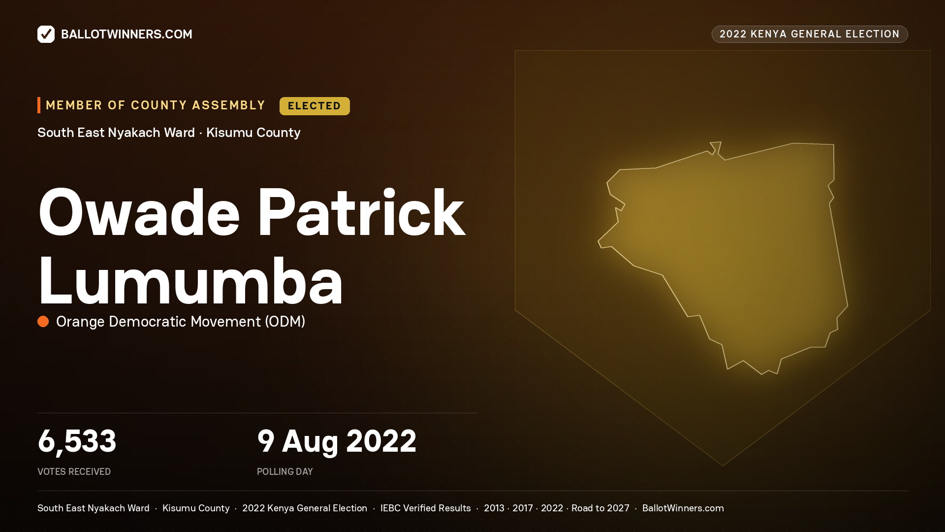 Owade Patrick Lumumba, Orange Democratic Movement, elected Member of County Assembly for South East Nyakach, 6,533 votes, 2022 Kenya general election.
