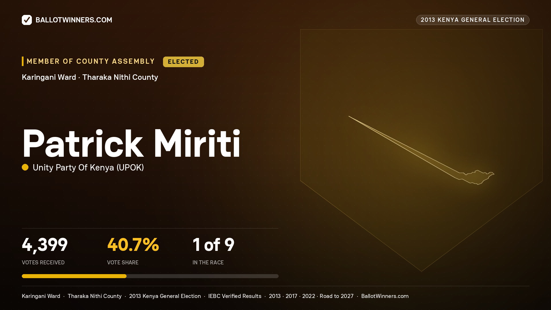 PATRICK MIRITI, elected Member of County Assembly for KARINGANI, 4,399 votes, 2013 Kenya general election.