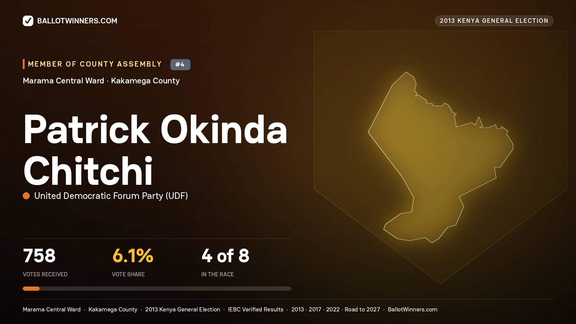 PATRICK OKINDA CHITCHI, contested Member of County Assembly for MARAMA
CENTRAL, 758 votes, 2013 Kenya general election.