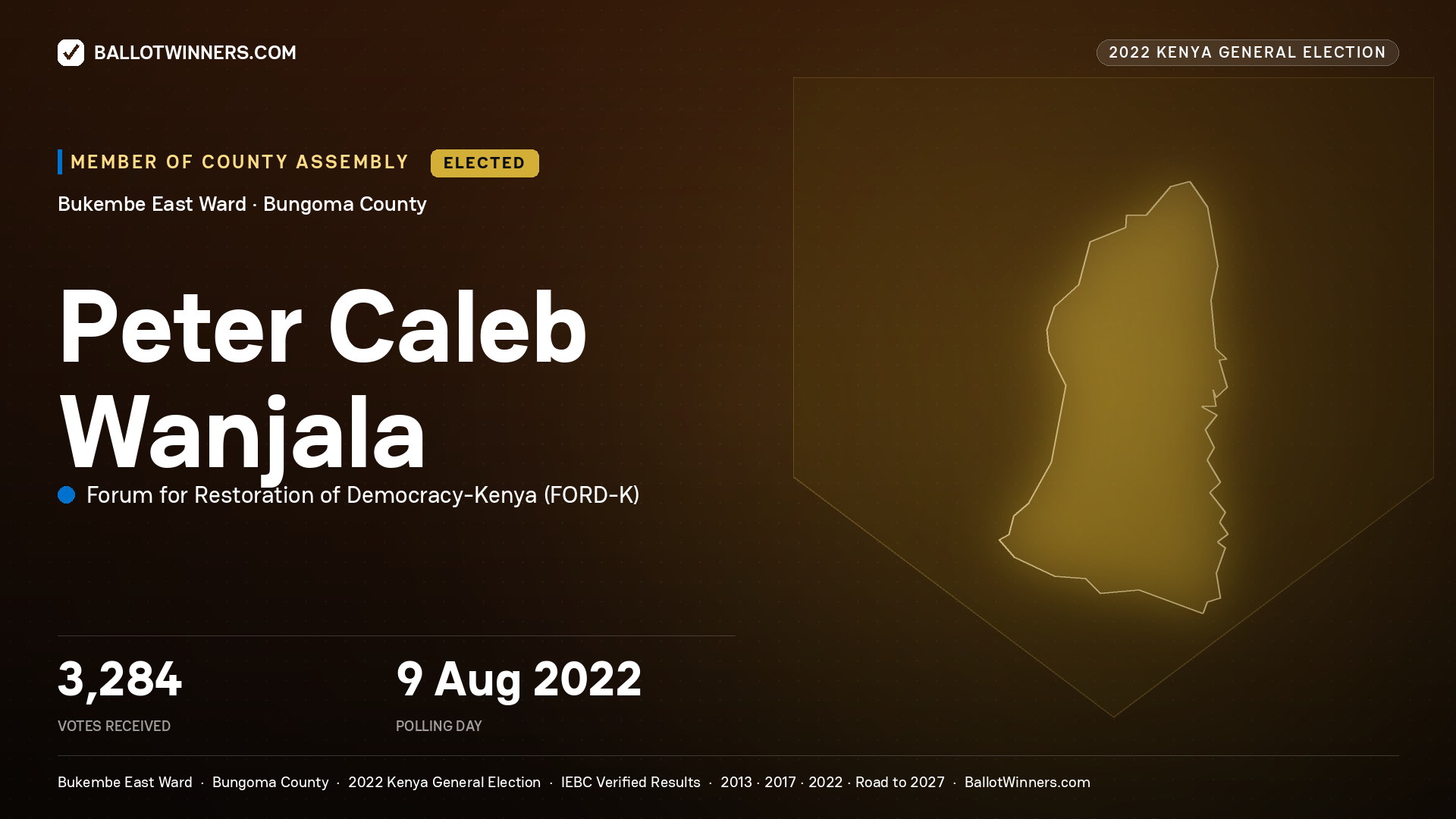 Peter Caleb Wanjala, Forum for Restoration of Democracy-Kenya, elected Member of County Assembly for Bukembe East, 3,284 votes, 2022 Kenya general election.