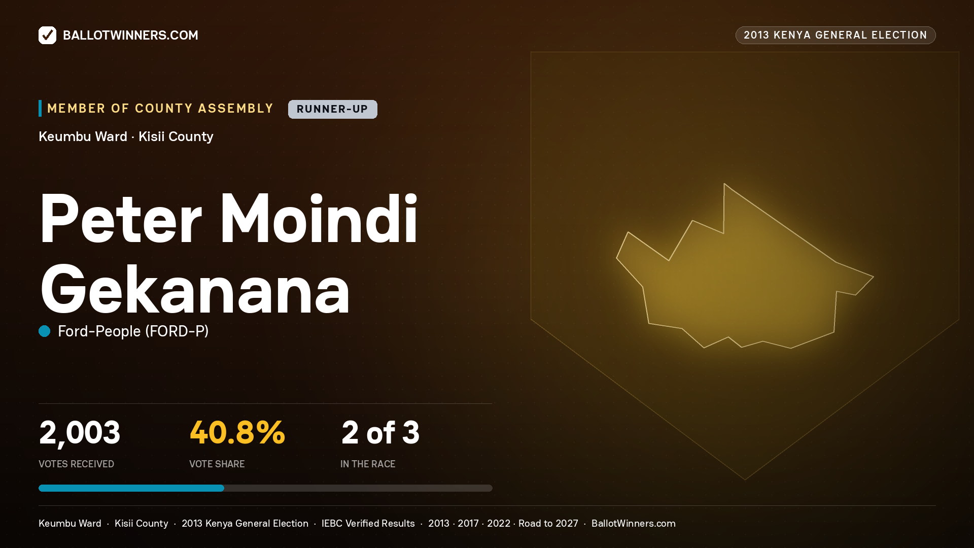 PETER MOINDI GEKANANA, contested Member of County Assembly for KEUMBU, 2,003 votes, 2013 Kenya general election.