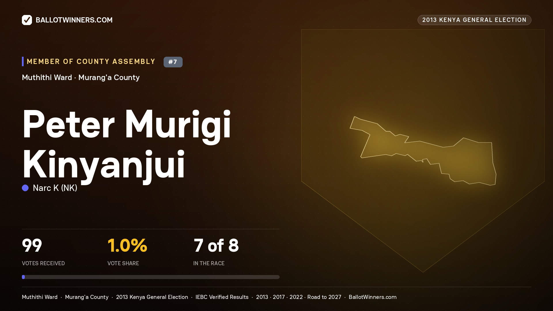 PETER MURIGI KINYANJUI, contested Member of County Assembly for MUTHITHI, 99 votes, 2013 Kenya general election.