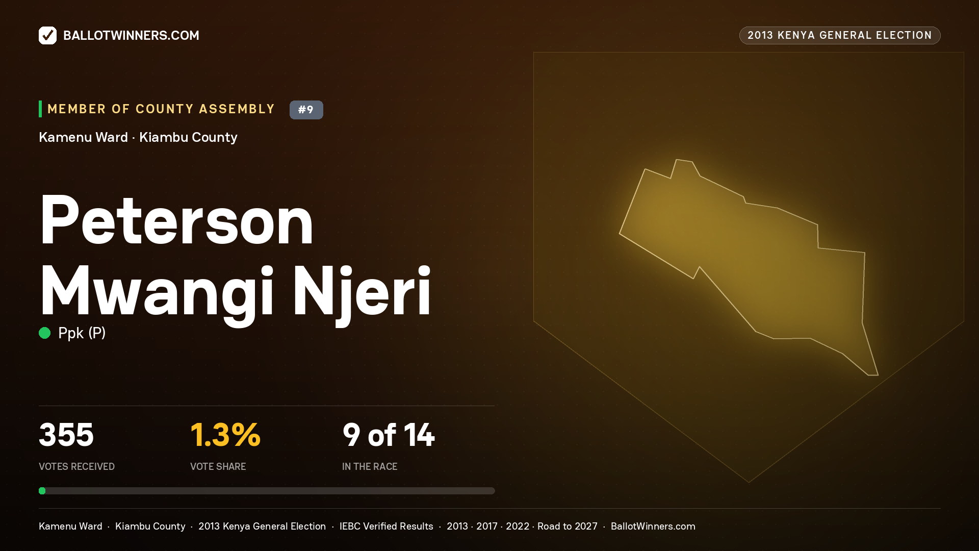 PETERSON MWANGI NJERI, contested Member of County Assembly for KAMENU, 355 votes, 2013 Kenya general election.
