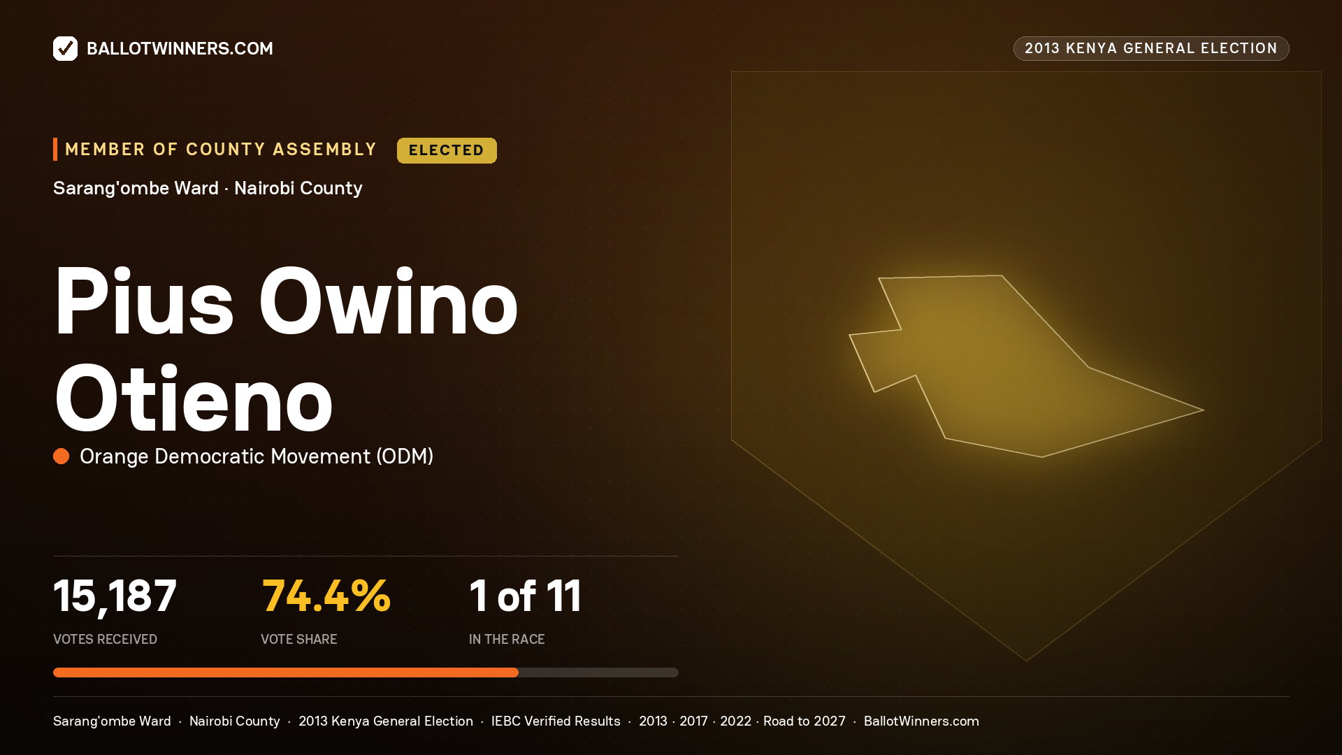 PIUS OWINO OTIENO, elected Member of County Assembly for SARANG'OMBE, 15,187 votes, 2013 Kenya general election.