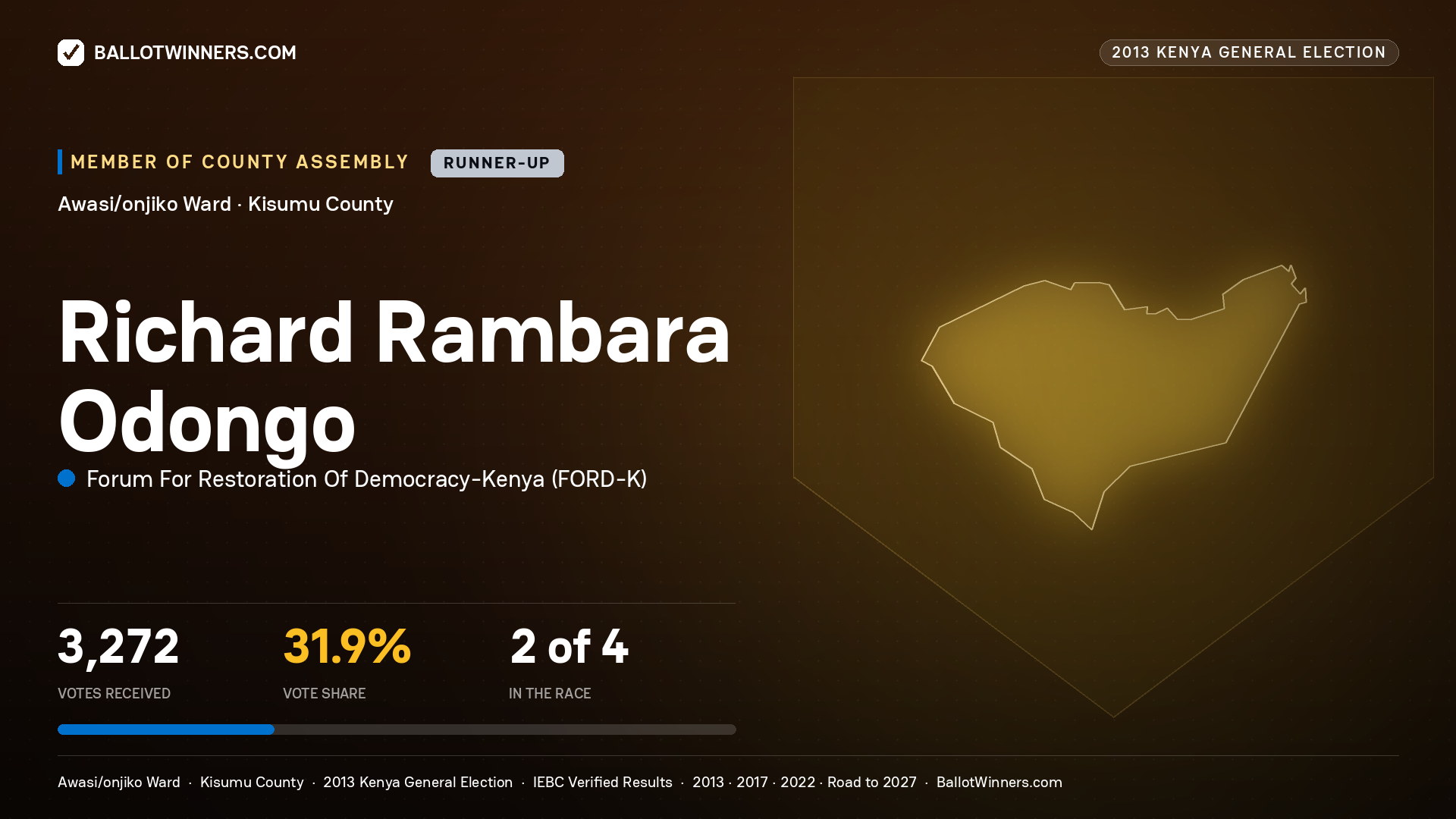 RICHARD RAMBARA ODONGO, contested Member of County Assembly for AWASI/ONJIKO, 3,272 votes, 2013 Kenya general election.