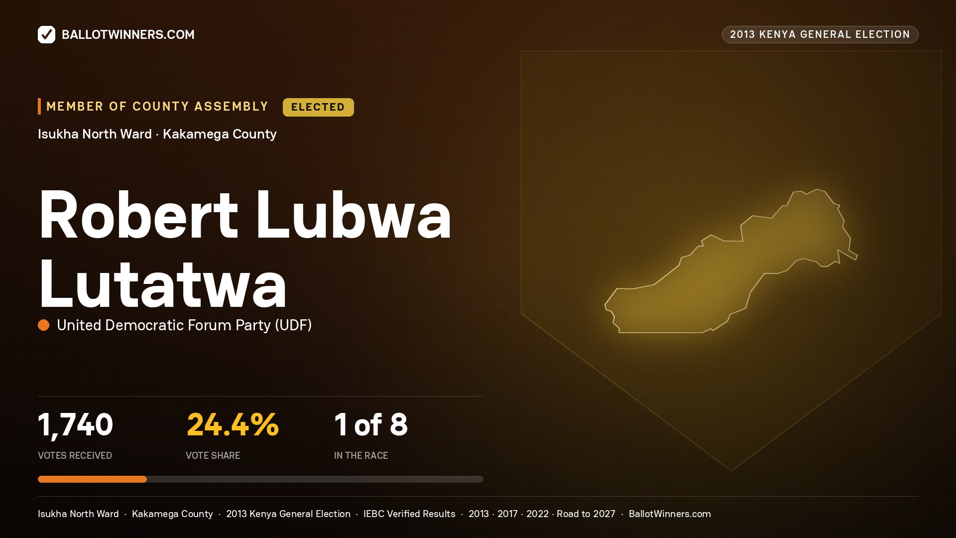 ROBERT LUBWA LUTATWA, elected Member of County Assembly for ISUKHA NORTH, 1,740 votes, 2013 Kenya general election.
