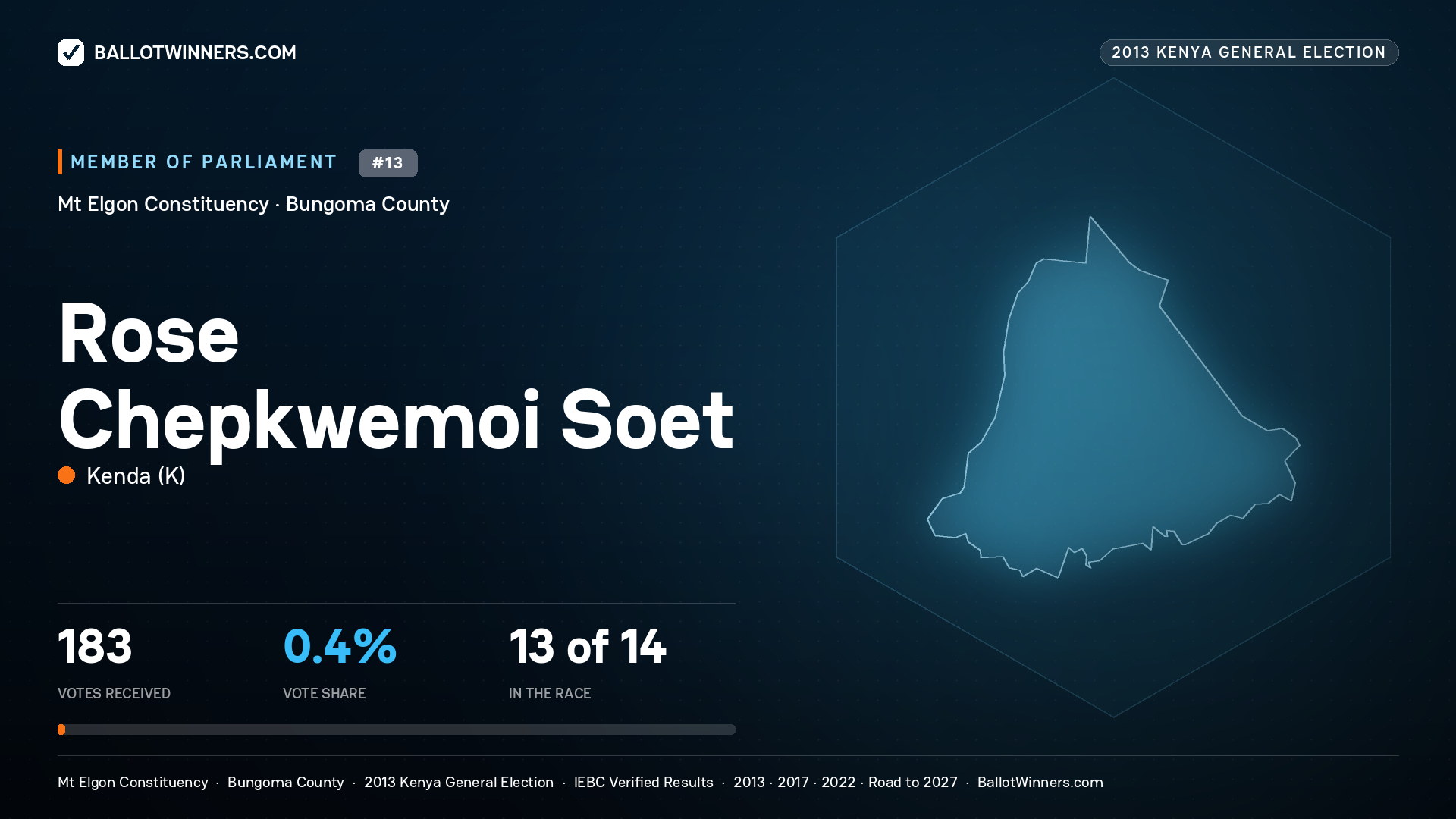 ROSE CHEPKWEMOI SOET, contested Member of Parliament for MT ELGON, 183 votes, 2013 Kenya general election.