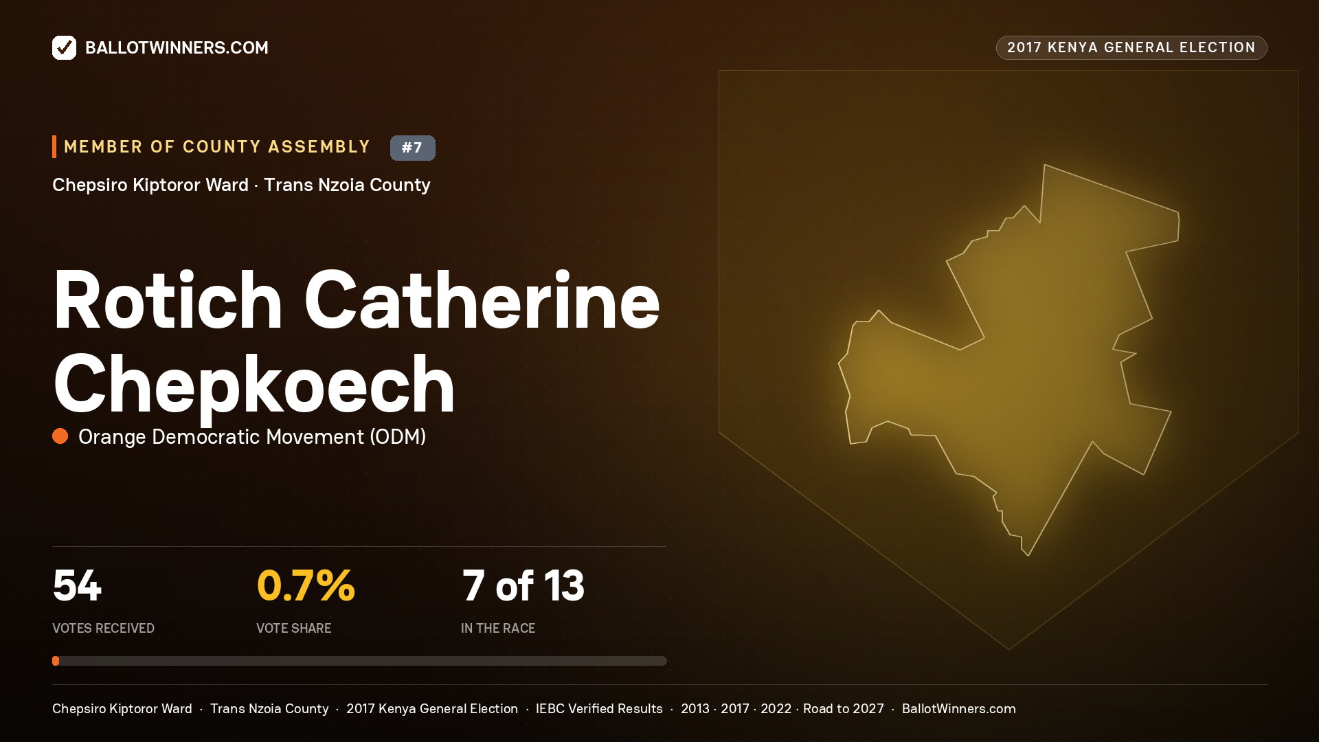 ROTICH CATHERINE CHEPKOECH, ORANGE DEMOCRATIC MOVEMENT, contested Member of County Assembly for CHEPSIRO KIPTOROR, 54 votes, 2017 Kenya general election.