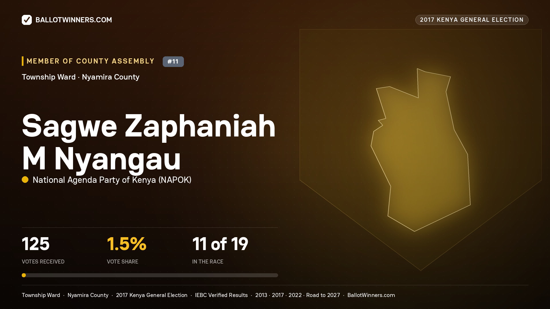 SAGWE ZAPHANIAH M NYANGAU, NATIONAL AGENDA PARTY OF KENYA, contested Member of County Assembly for TOWNSHIP, 125 votes, 2017 Kenya general election.