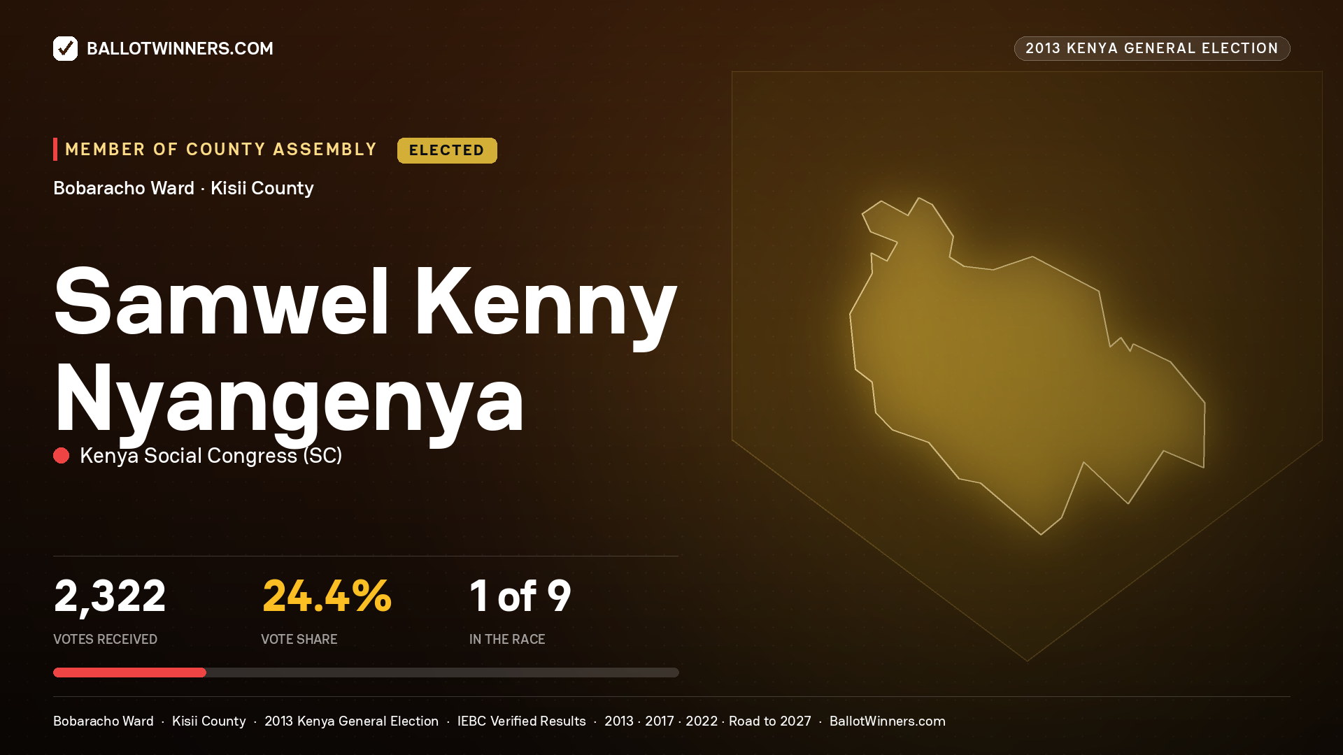 SAMWEL KENNY NYANGENYA, elected Member of County Assembly for BOBARACHO, 2,322 votes, 2013 Kenya general election.