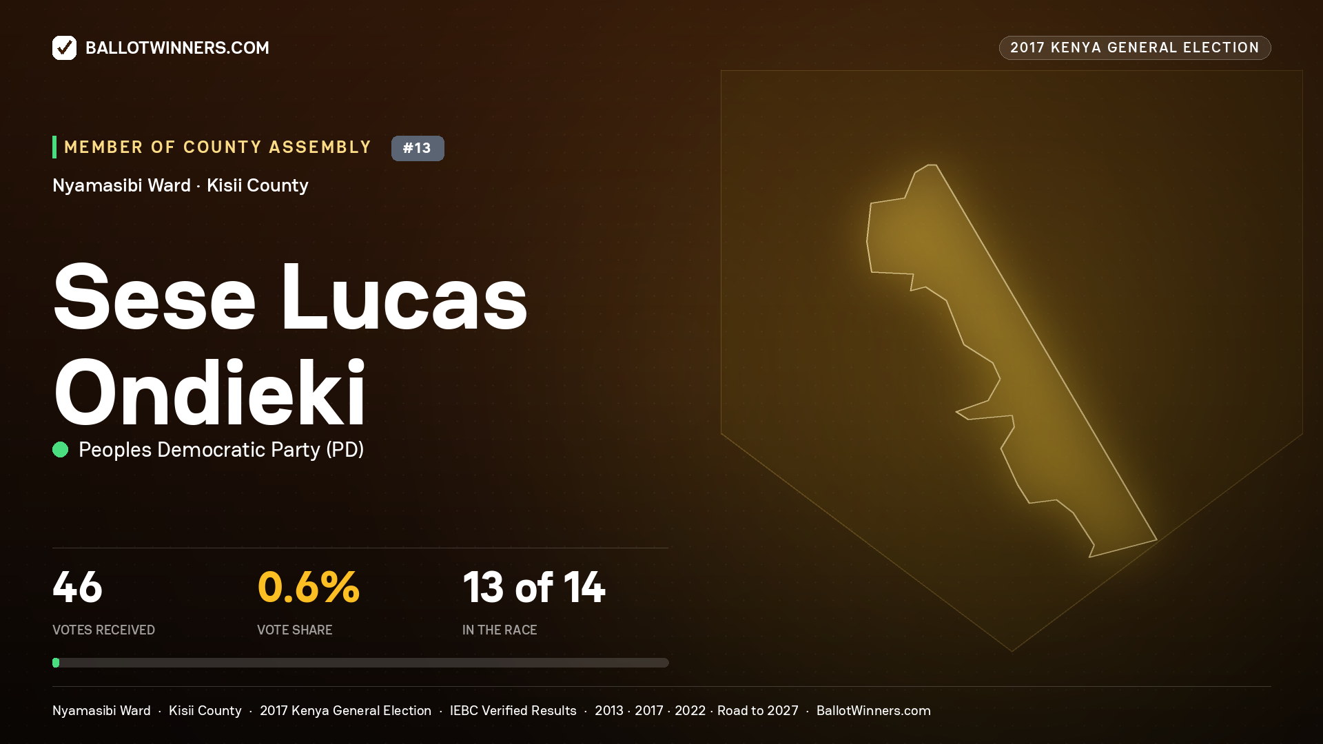 SESE LUCAS ONDIEKI, PEOPLES DEMOCRATIC PARTY, contested Member of County Assembly for NYAMASIBI, 46 votes, 2017 Kenya general election.